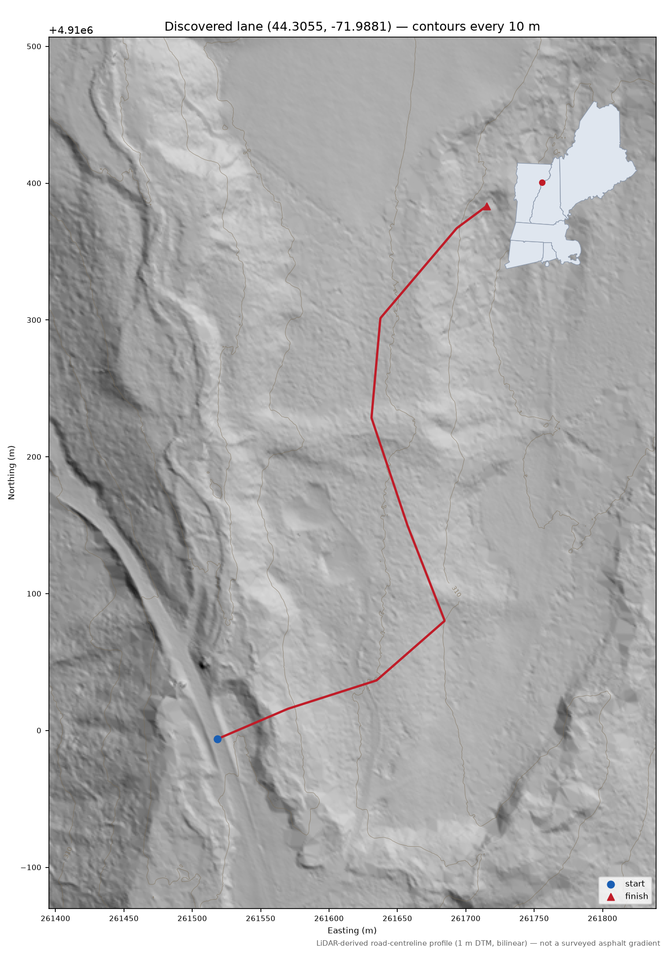 Discovered lane (44.3055, -71.9881) LiDAR hillshade map with contours