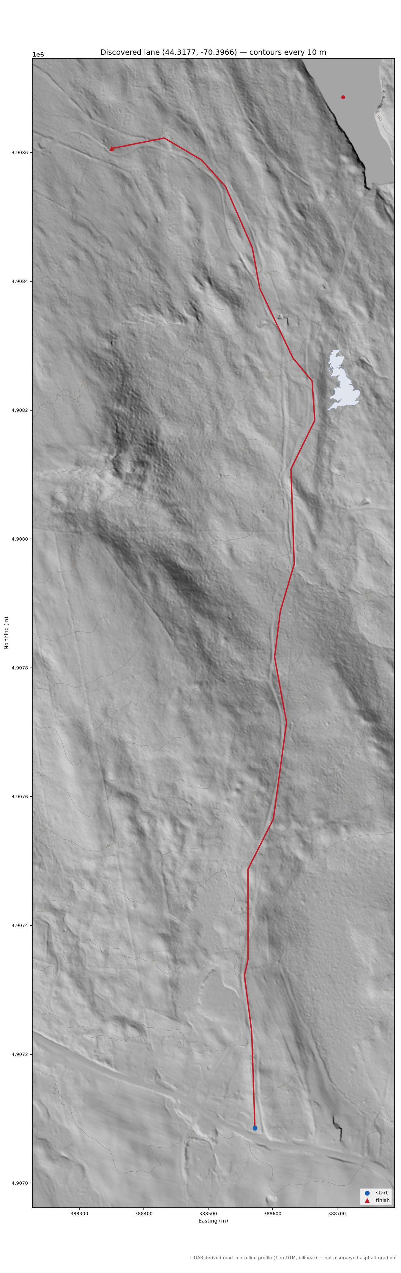 Discovered lane (44.3177, -70.3966) LiDAR hillshade map with contours