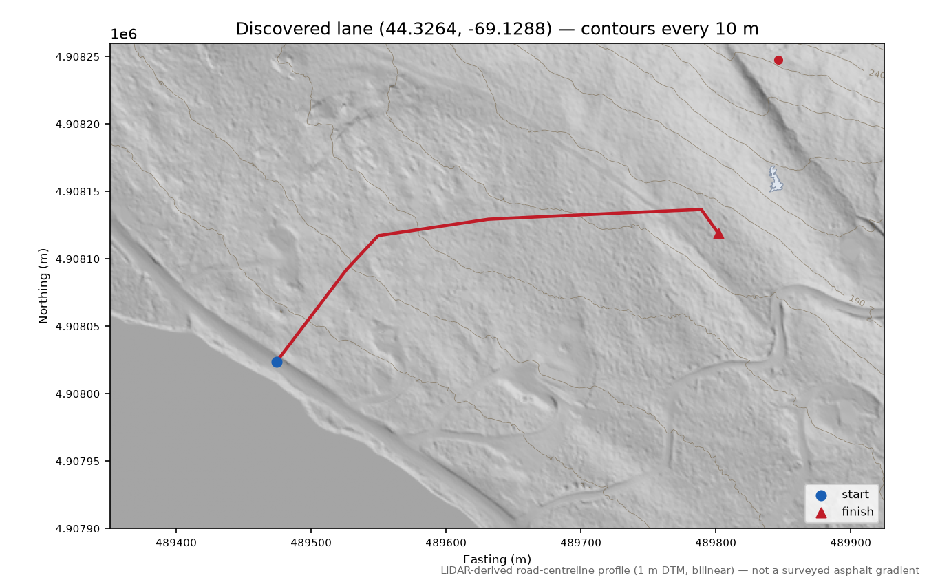Discovered lane (44.3264, -69.1288) LiDAR hillshade map with contours