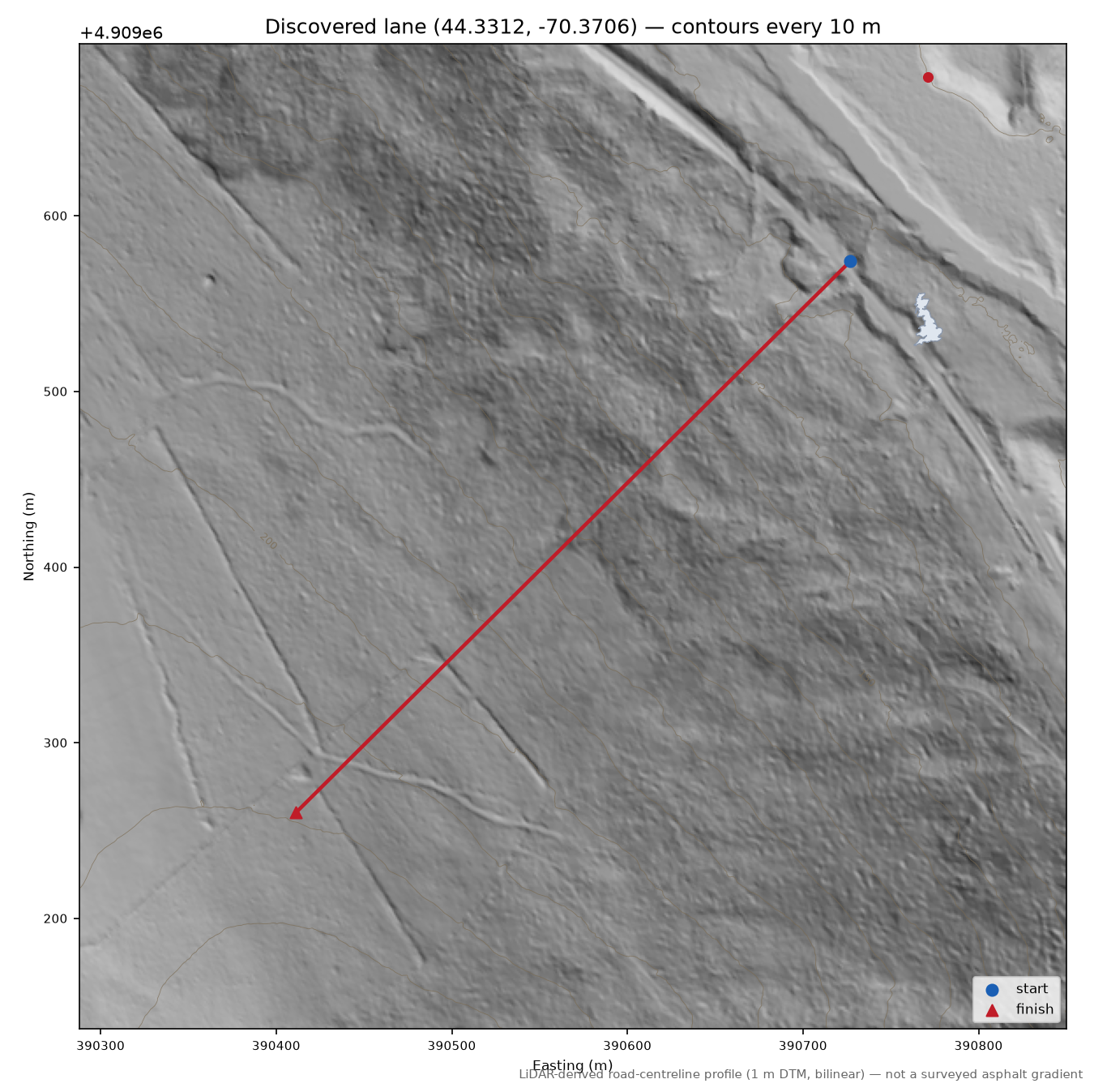 Discovered lane (44.3312, -70.3706) LiDAR hillshade map with contours