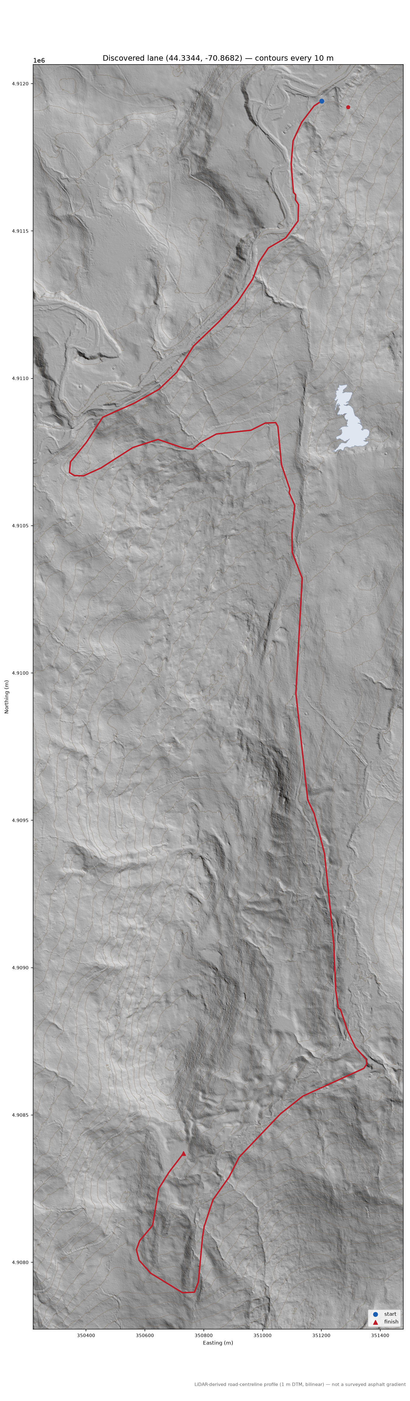 Discovered lane (44.3344, -70.8682) LiDAR hillshade map with contours