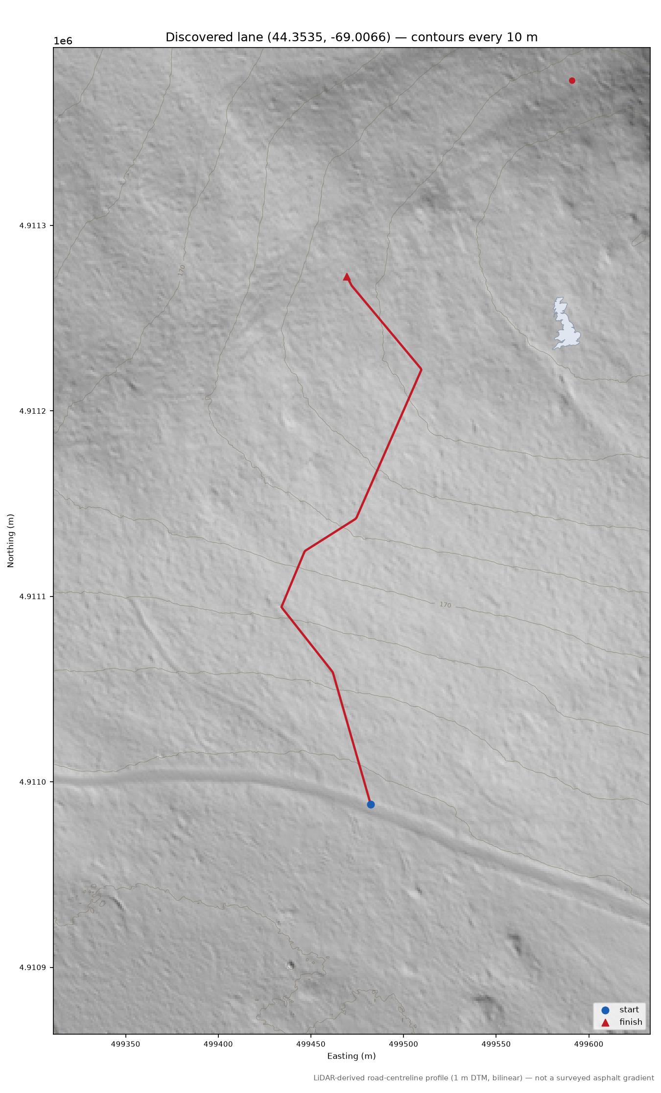 Discovered lane (44.3535, -69.0066) LiDAR hillshade map with contours