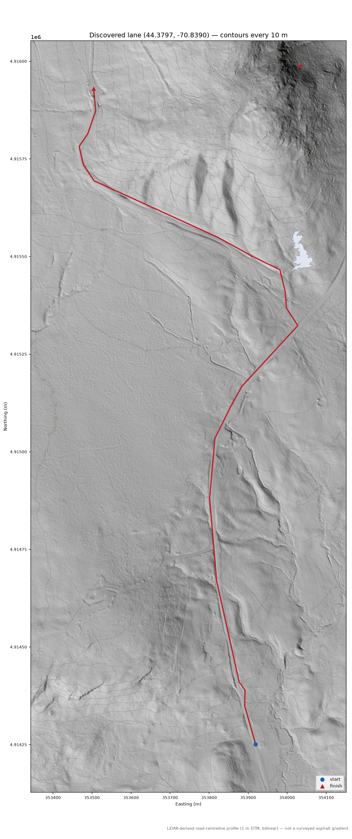Discovered lane (44.3797, -70.8390) LiDAR hillshade map with contours