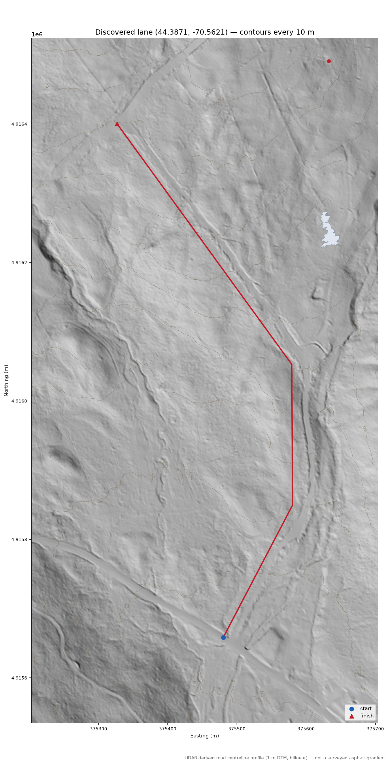 Discovered lane (44.3871, -70.5621) LiDAR hillshade map with contours