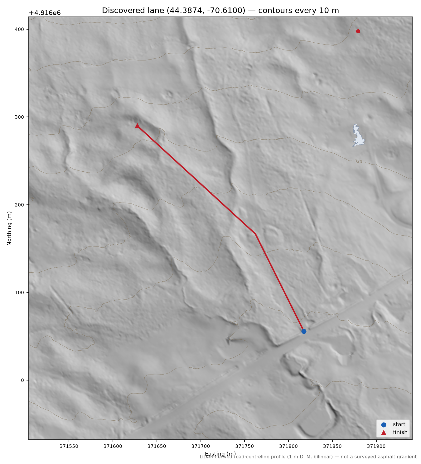 Discovered lane (44.3874, -70.6100) LiDAR hillshade map with contours
