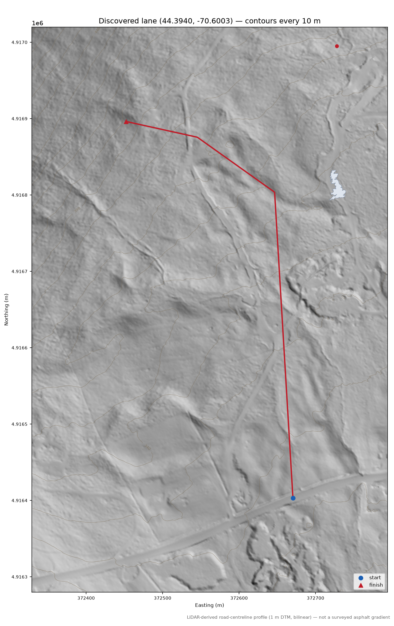 Discovered lane (44.3940, -70.6003) LiDAR hillshade map with contours