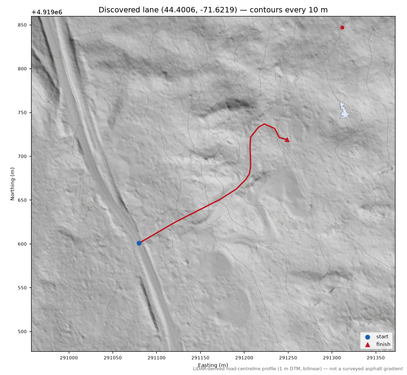 Discovered lane (44.4006, -71.6219) LiDAR hillshade map with contours