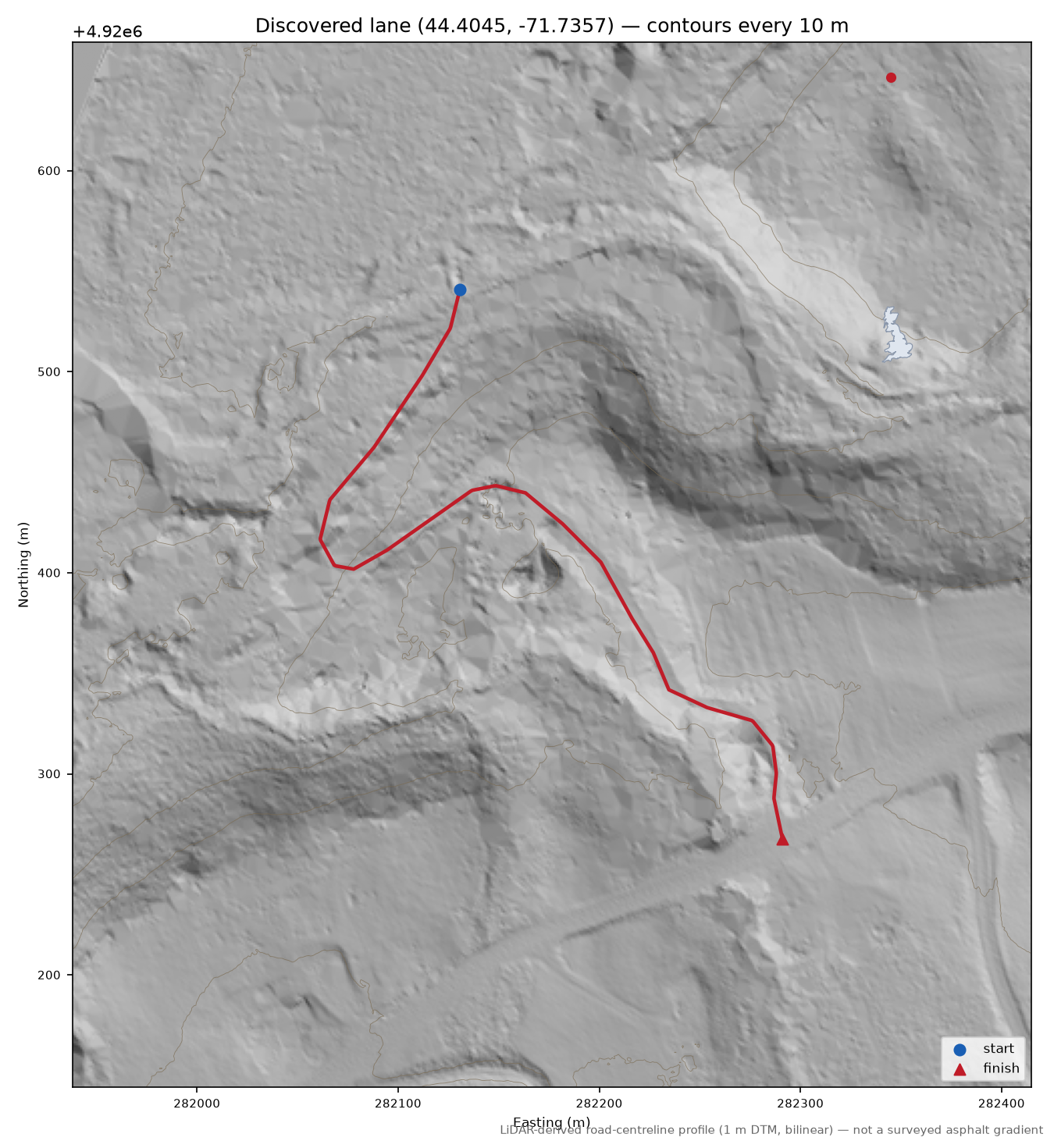 Discovered lane (44.4045, -71.7357) LiDAR hillshade map with contours