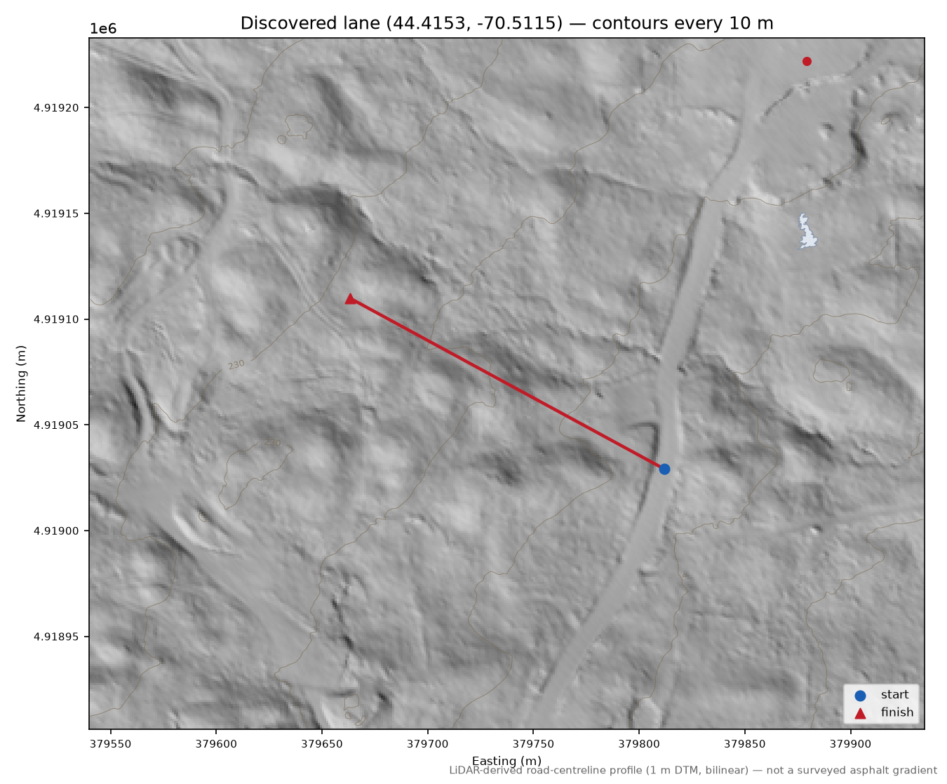 Discovered lane (44.4153, -70.5115) LiDAR hillshade map with contours