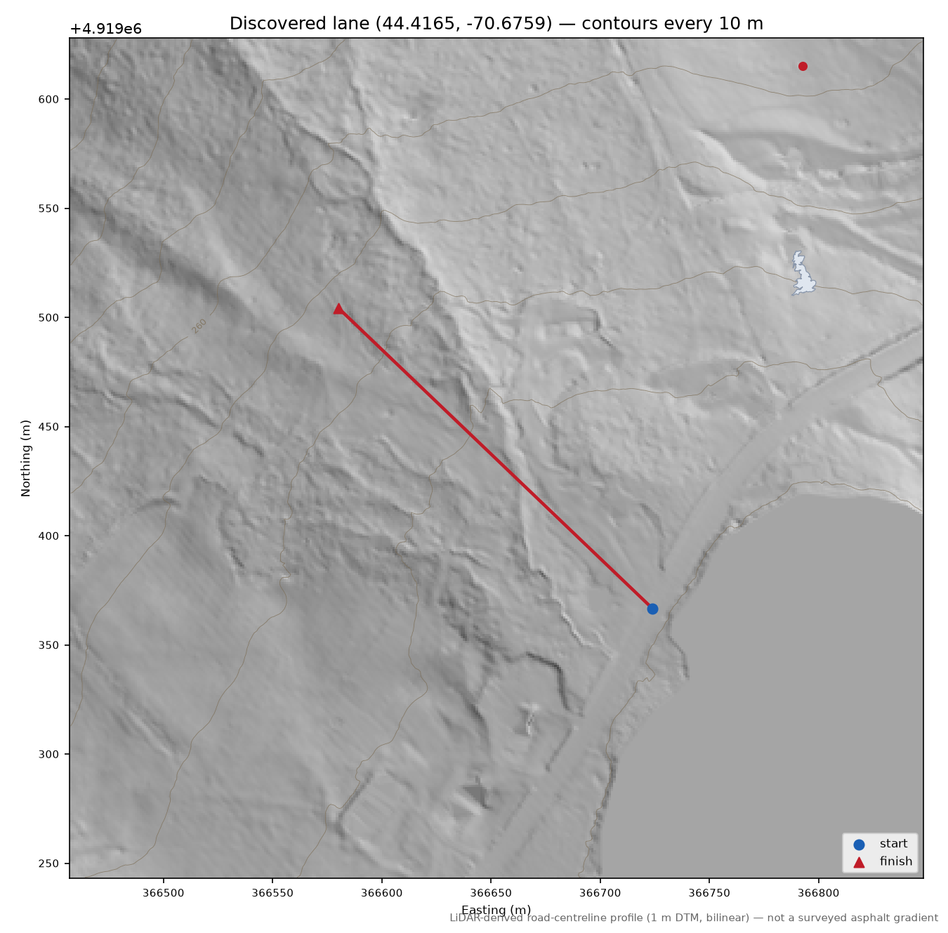 Discovered lane (44.4165, -70.6759) LiDAR hillshade map with contours