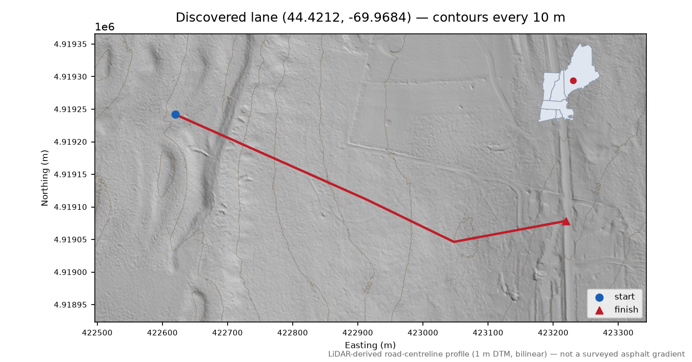 Discovered lane (44.4212, -69.9684) LiDAR hillshade map with contours