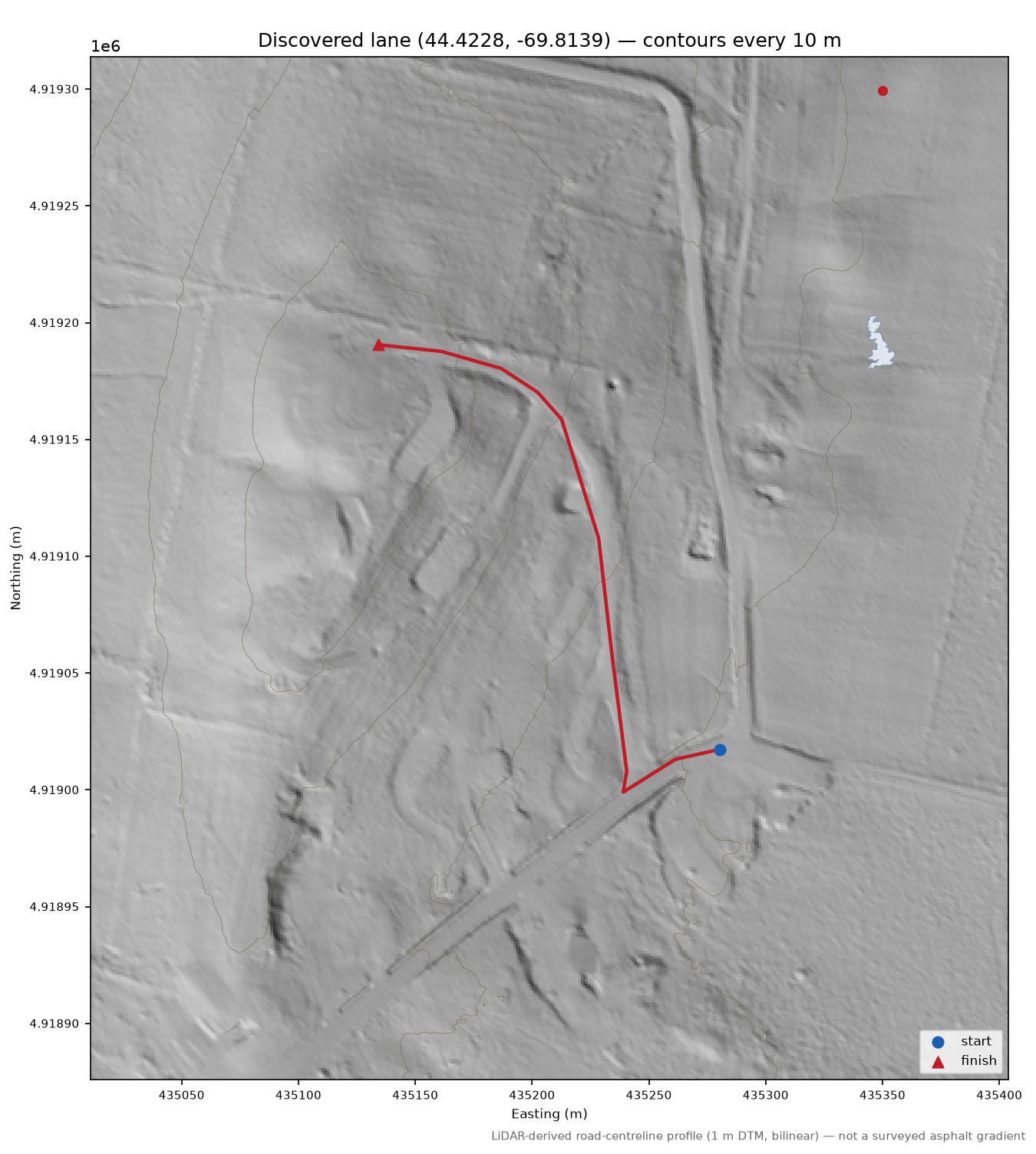 Discovered lane (44.4228, -69.8139) LiDAR hillshade map with contours