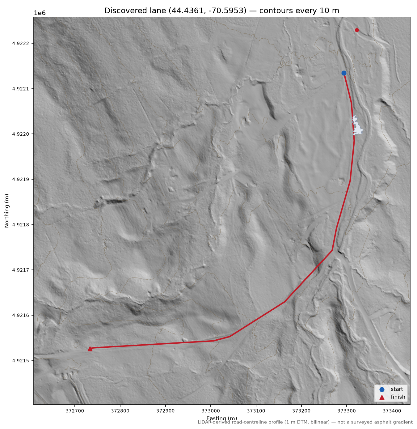 Discovered lane (44.4361, -70.5953) LiDAR hillshade map with contours