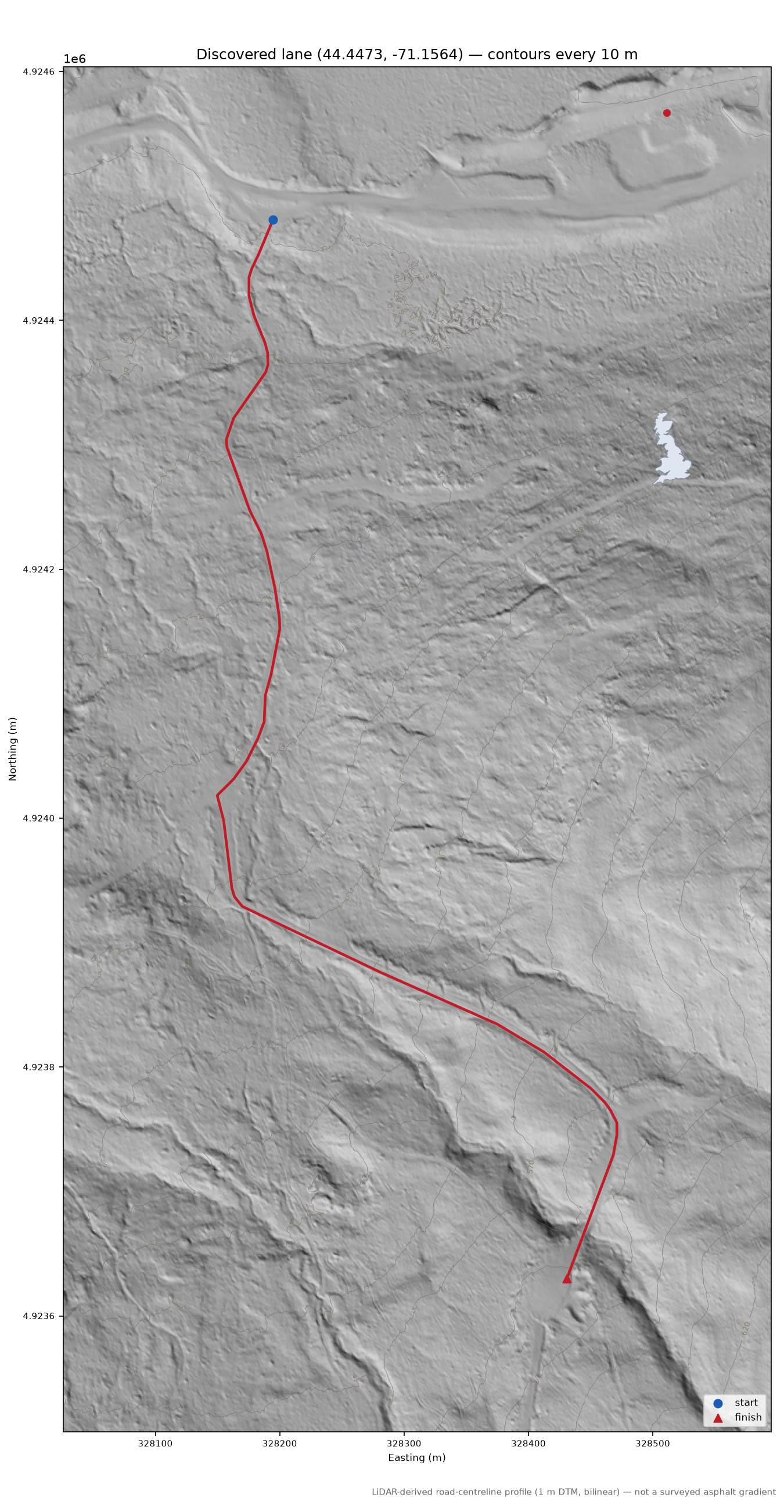 Discovered lane (44.4473, -71.1564) LiDAR hillshade map with contours