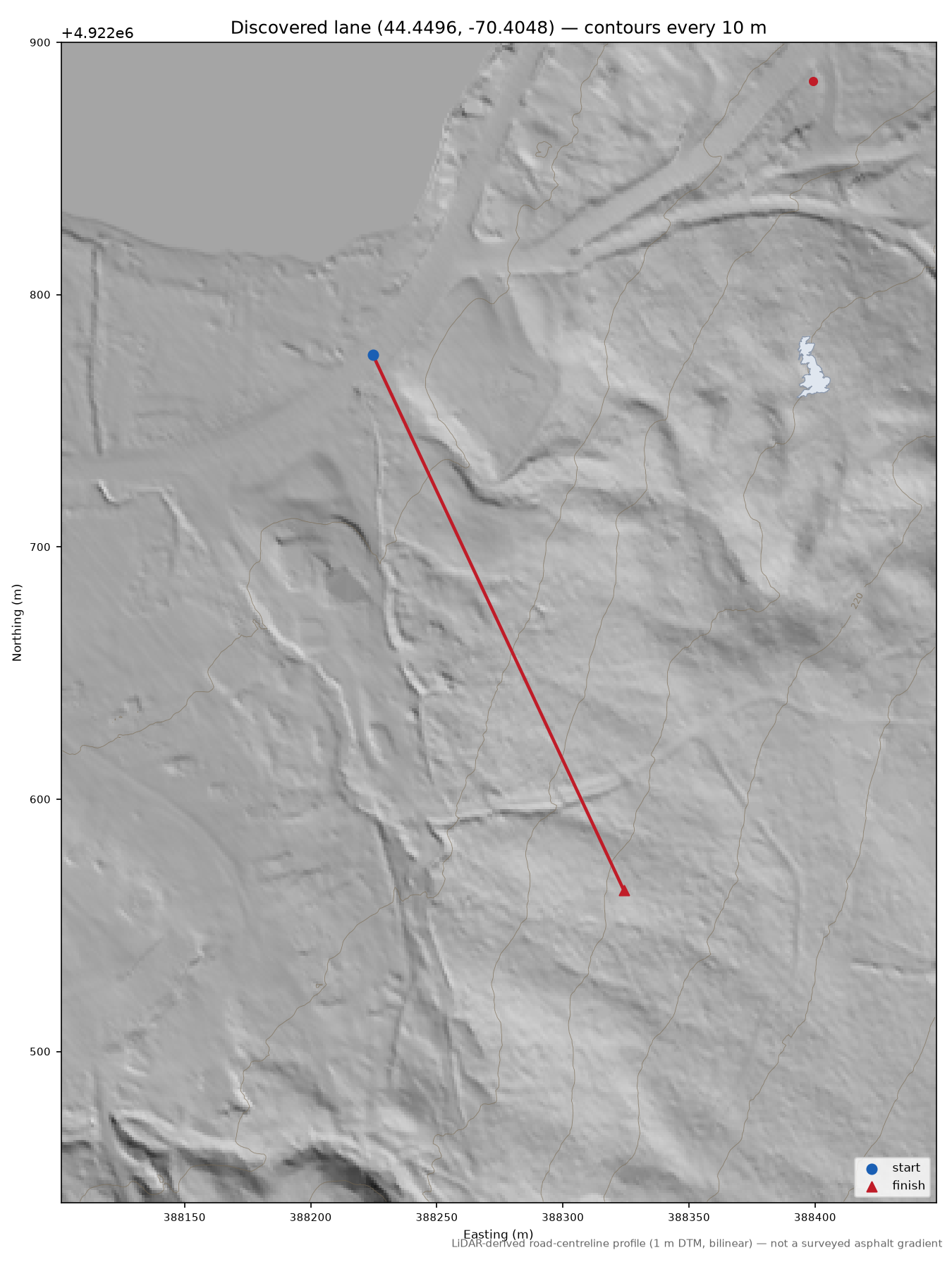 Discovered lane (44.4496, -70.4048) LiDAR hillshade map with contours
