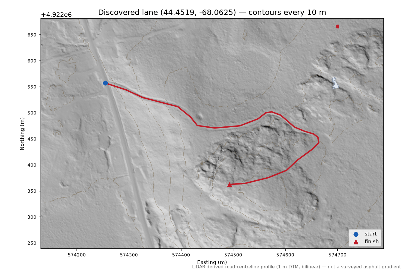Discovered lane (44.4519, -68.0625) LiDAR hillshade map with contours