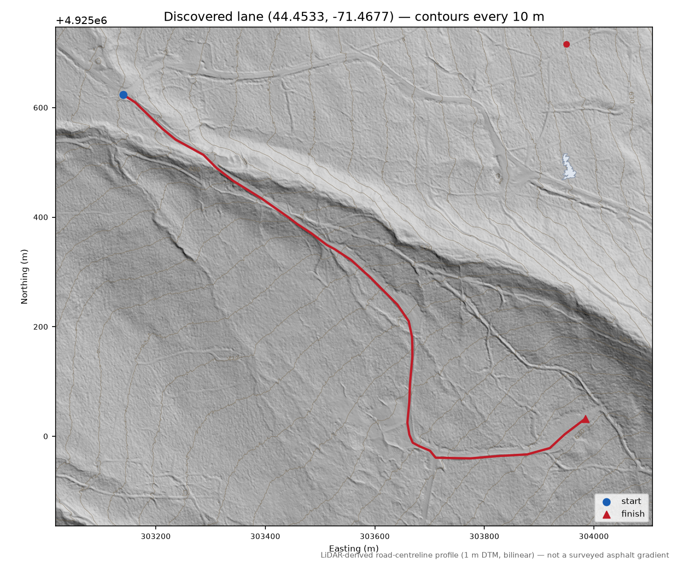 Discovered lane (44.4533, -71.4677) LiDAR hillshade map with contours