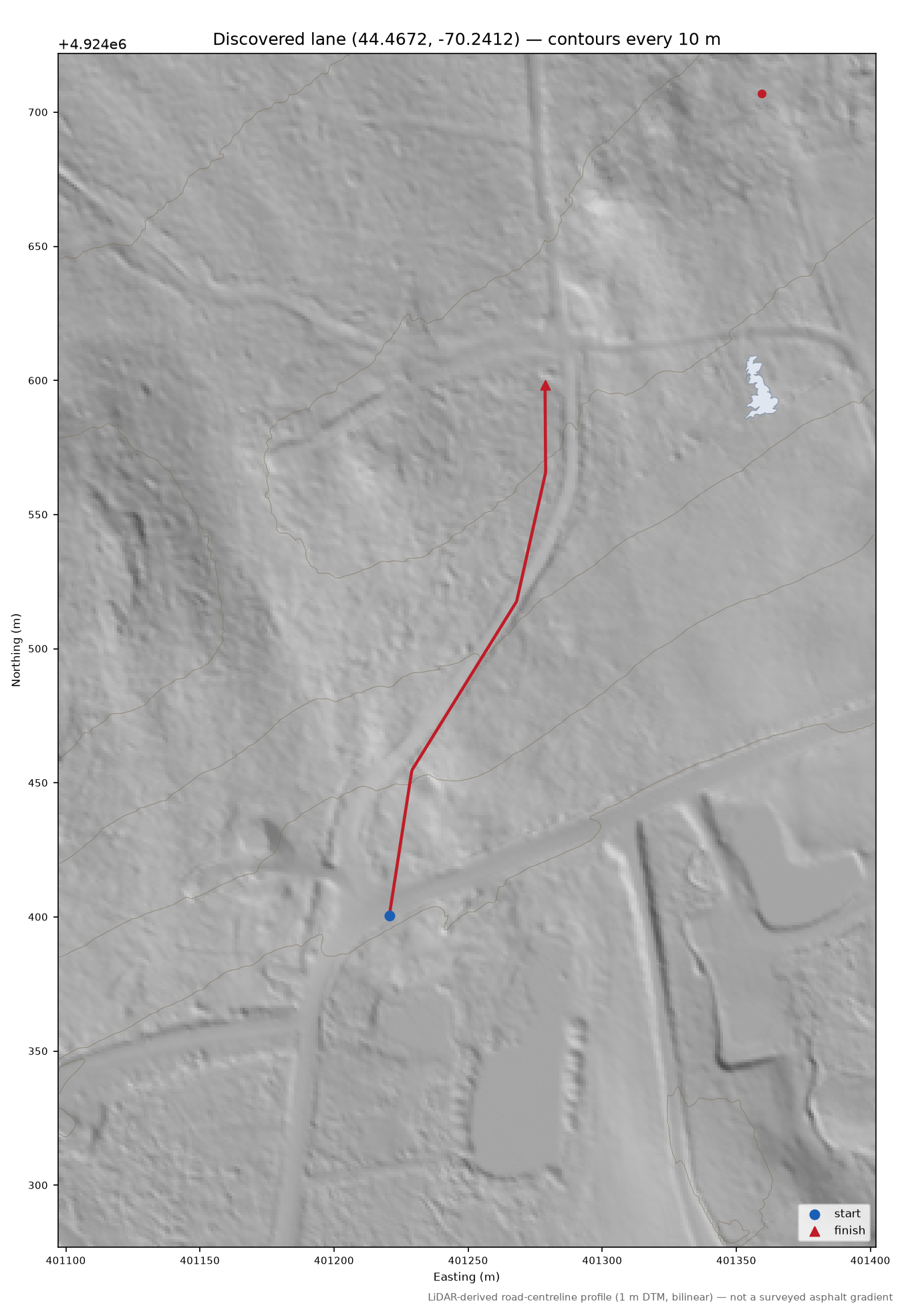 Discovered lane (44.4672, -70.2412) LiDAR hillshade map with contours