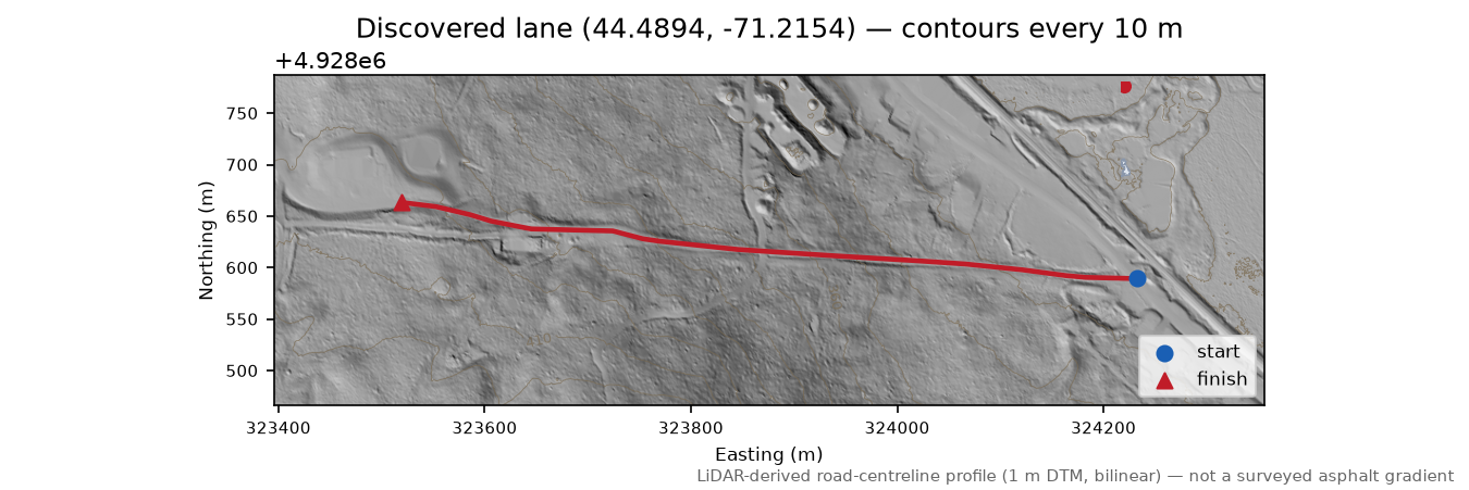 Discovered lane (44.4894, -71.2154) LiDAR hillshade map with contours
