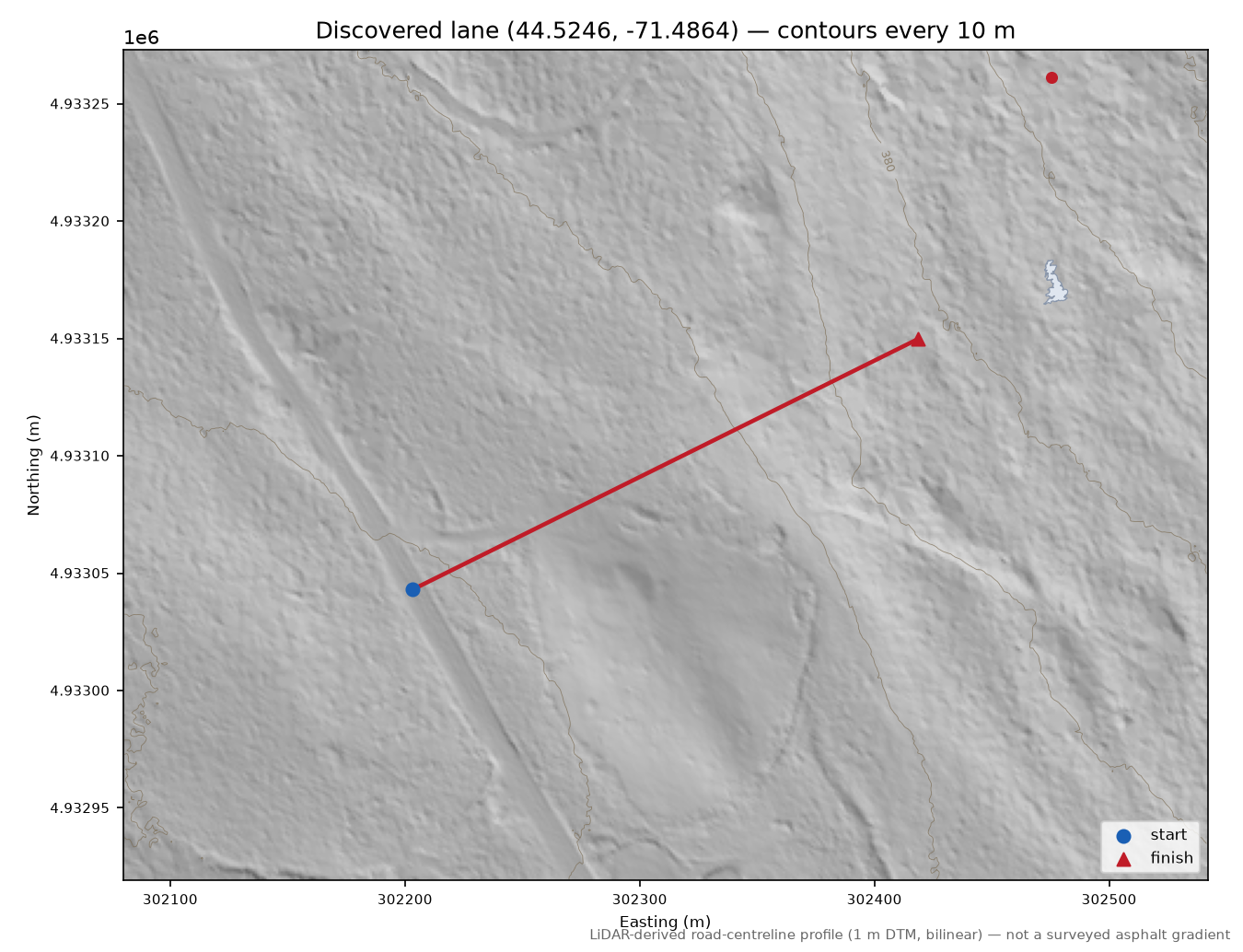 Discovered lane (44.5246, -71.4864) LiDAR hillshade map with contours