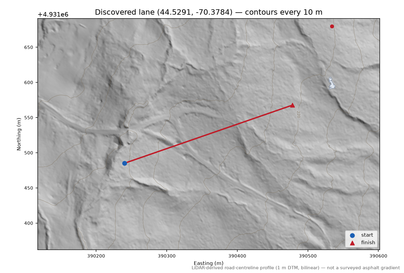 Discovered lane (44.5291, -70.3784) LiDAR hillshade map with contours