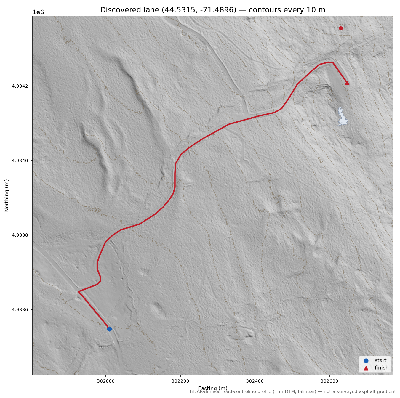 Discovered lane (44.5315, -71.4896) LiDAR hillshade map with contours