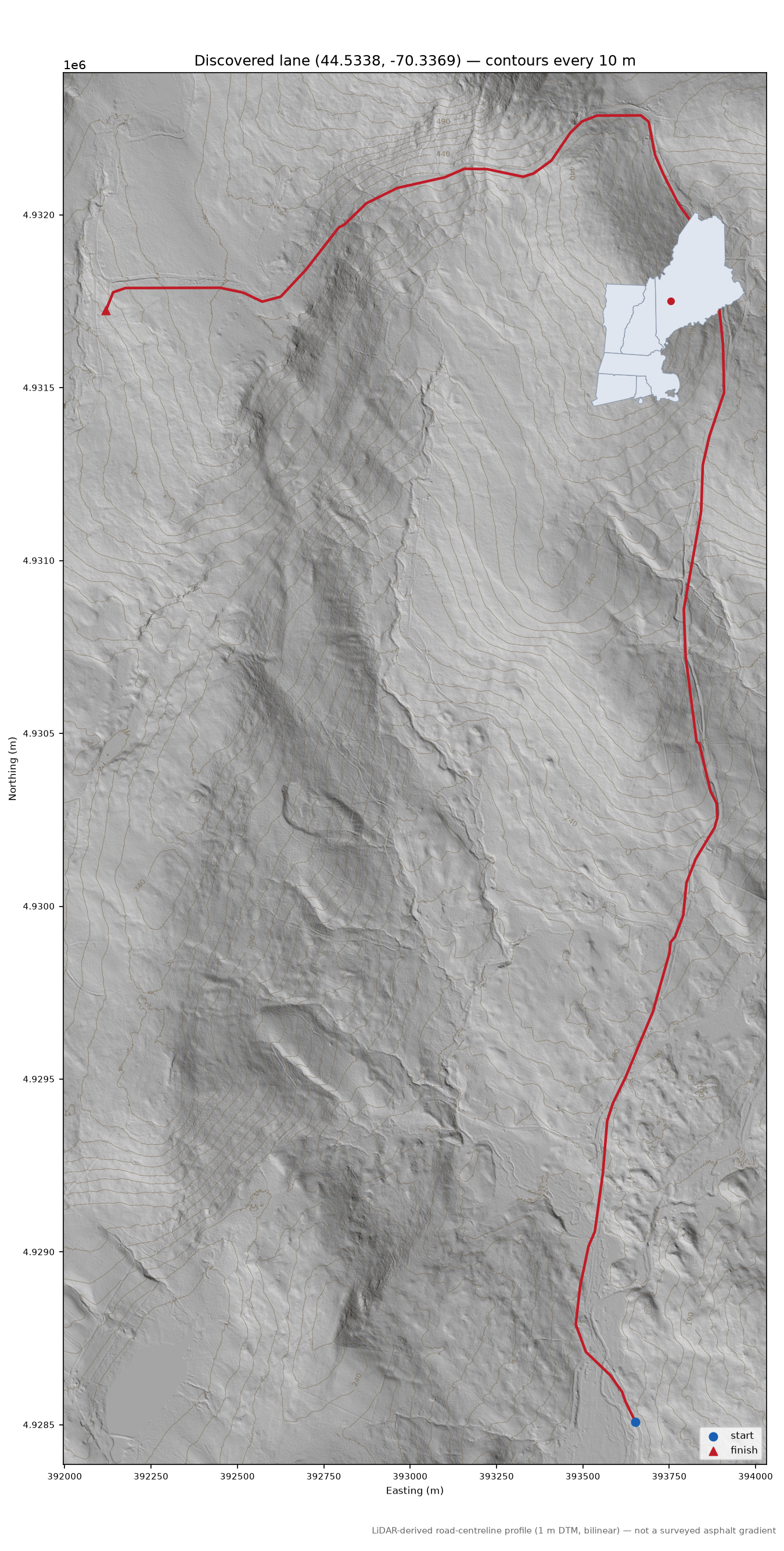 Discovered lane (44.5338, -70.3369) LiDAR hillshade map with contours