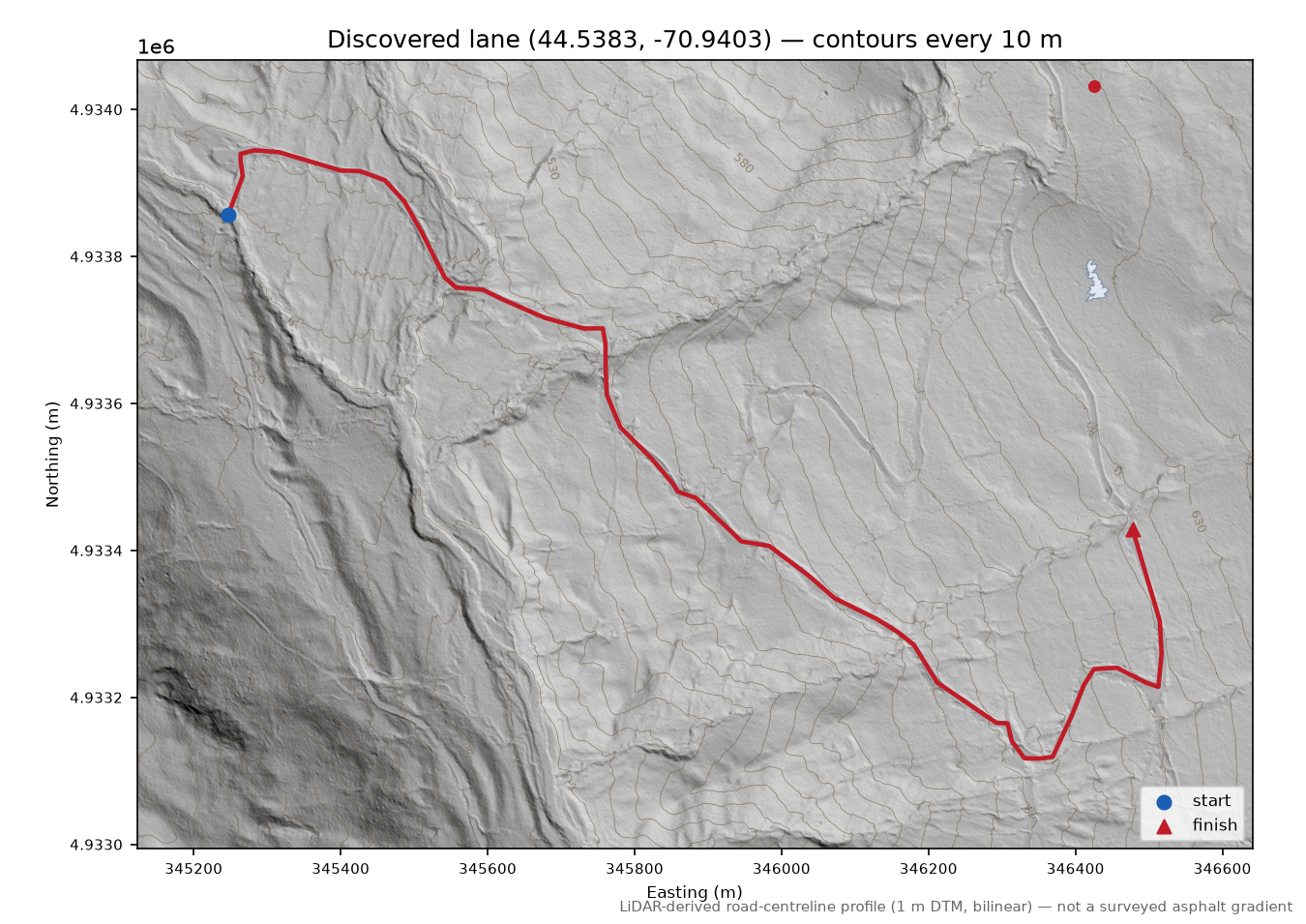 Discovered lane (44.5383, -70.9403) LiDAR hillshade map with contours