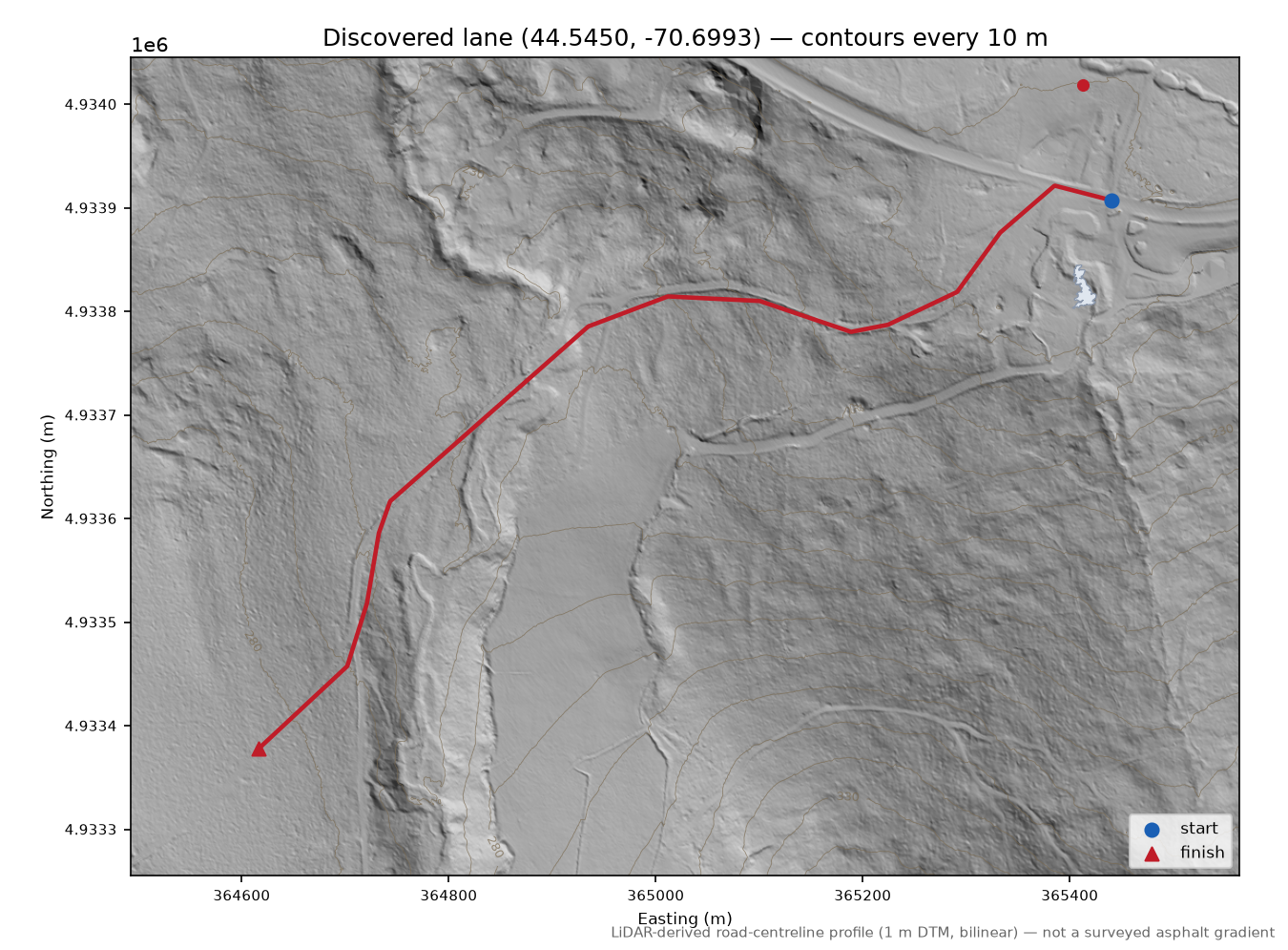 Discovered lane (44.5450, -70.6993) LiDAR hillshade map with contours