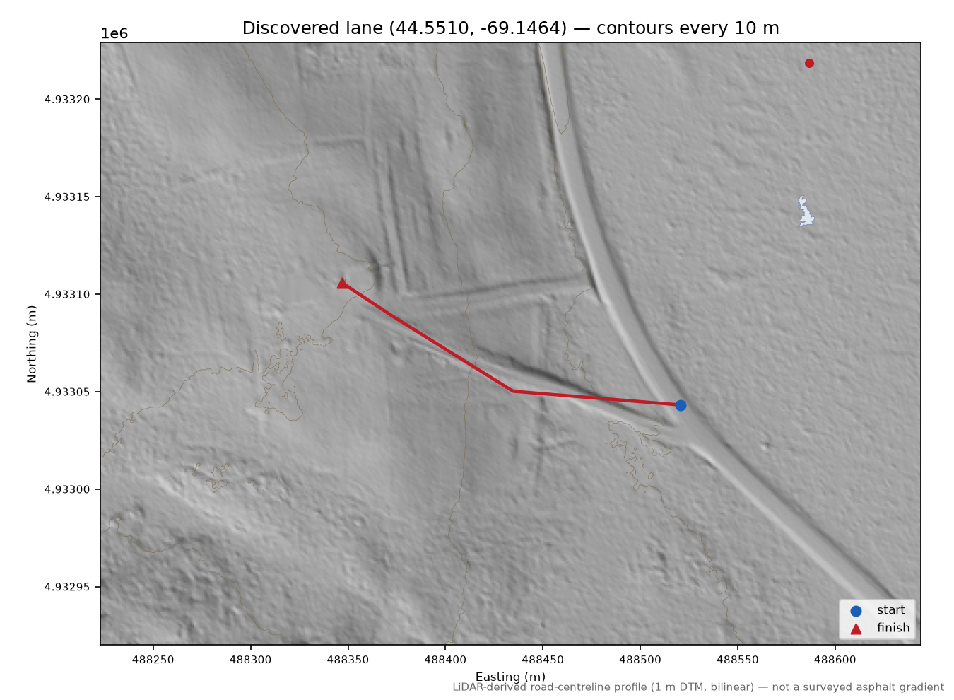 Discovered lane (44.5510, -69.1464) LiDAR hillshade map with contours