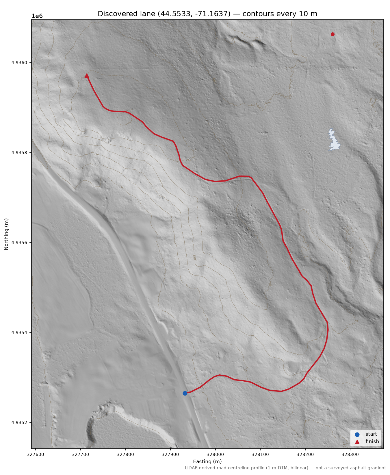 Discovered lane (44.5533, -71.1637) LiDAR hillshade map with contours