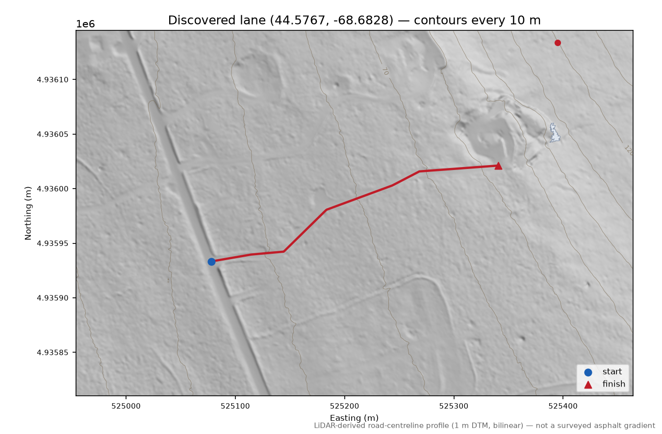 Discovered lane (44.5767, -68.6828) LiDAR hillshade map with contours