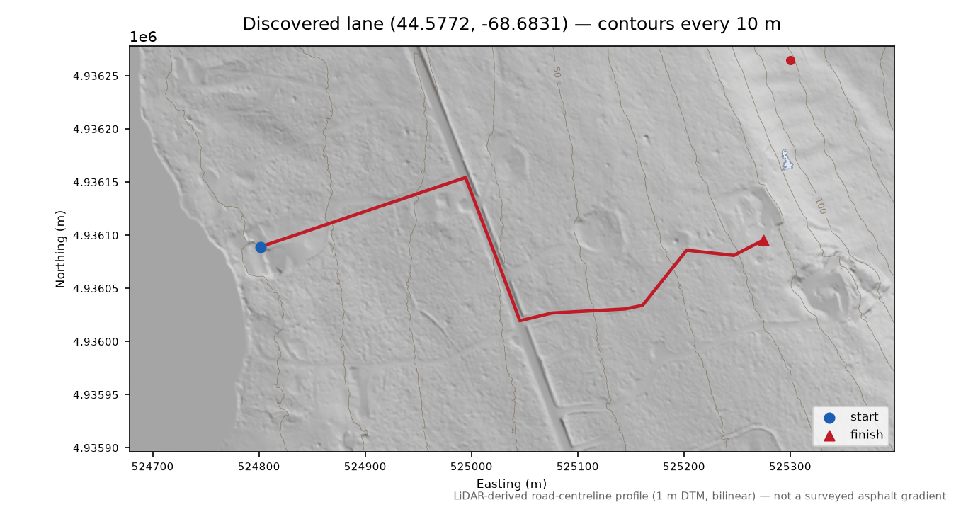Discovered lane (44.5772, -68.6831) LiDAR hillshade map with contours