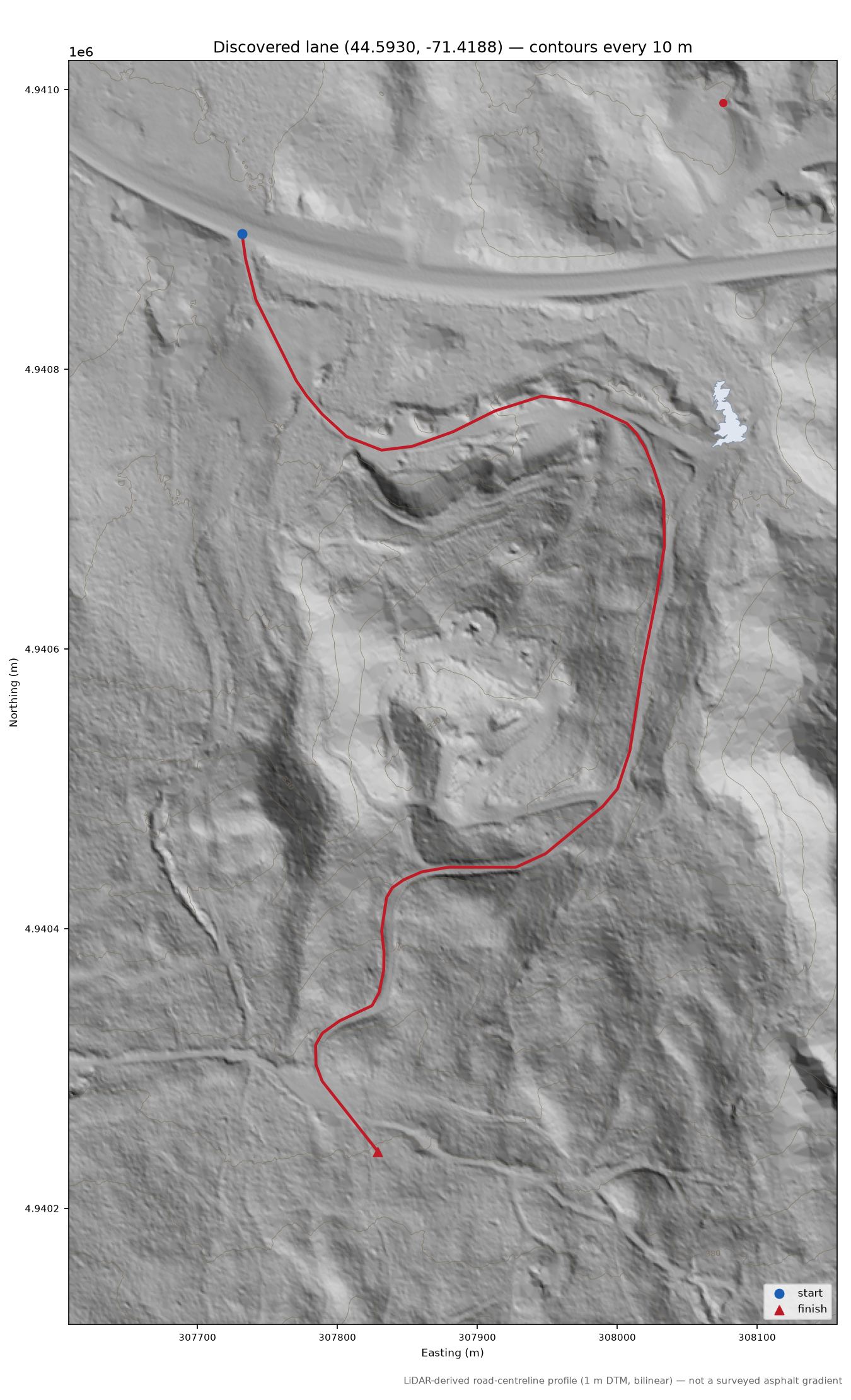 Discovered lane (44.5930, -71.4188) LiDAR hillshade map with contours