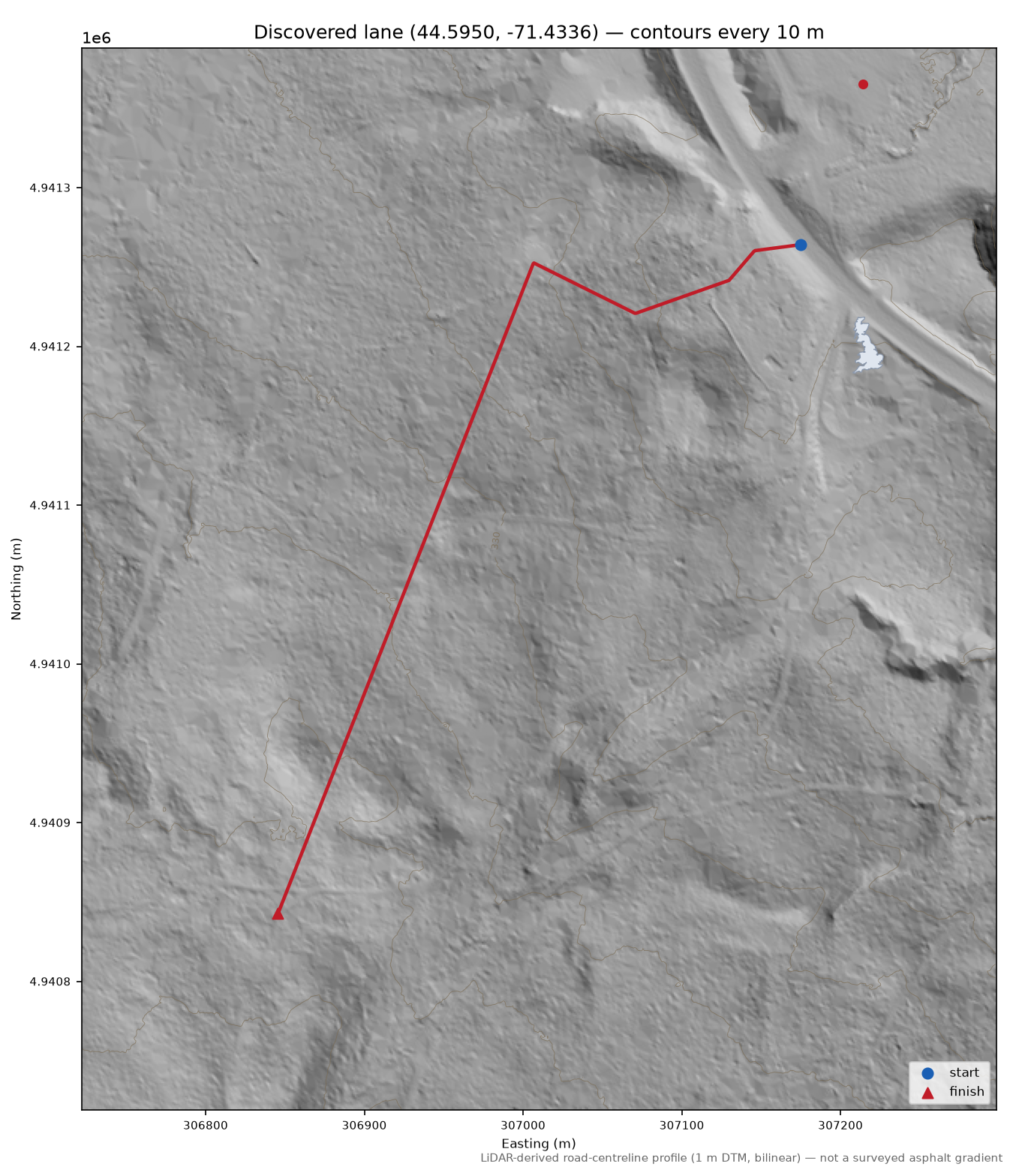 Discovered lane (44.5950, -71.4336) LiDAR hillshade map with contours