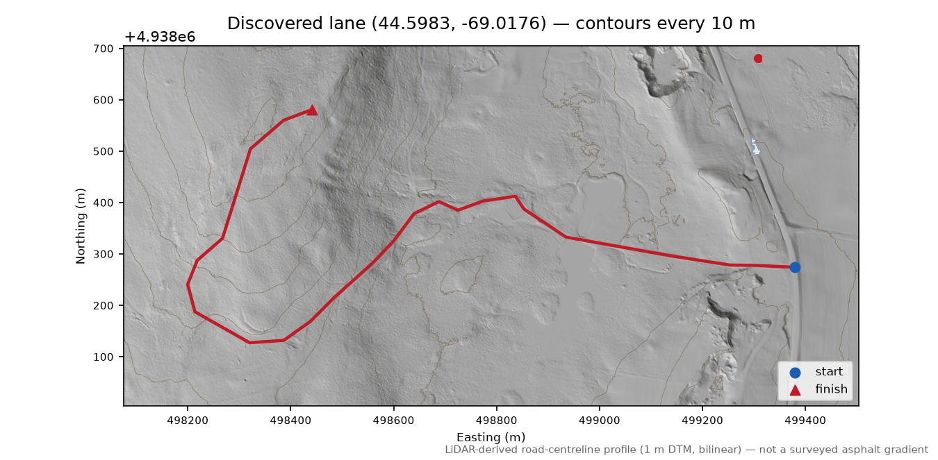Discovered lane (44.5983, -69.0176) LiDAR hillshade map with contours