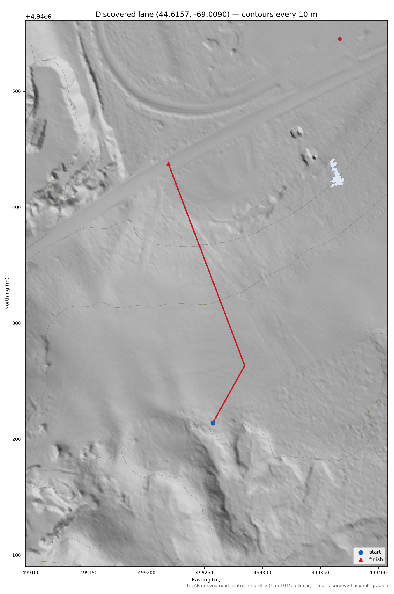 Discovered lane (44.6157, -69.0090) LiDAR hillshade map with contours