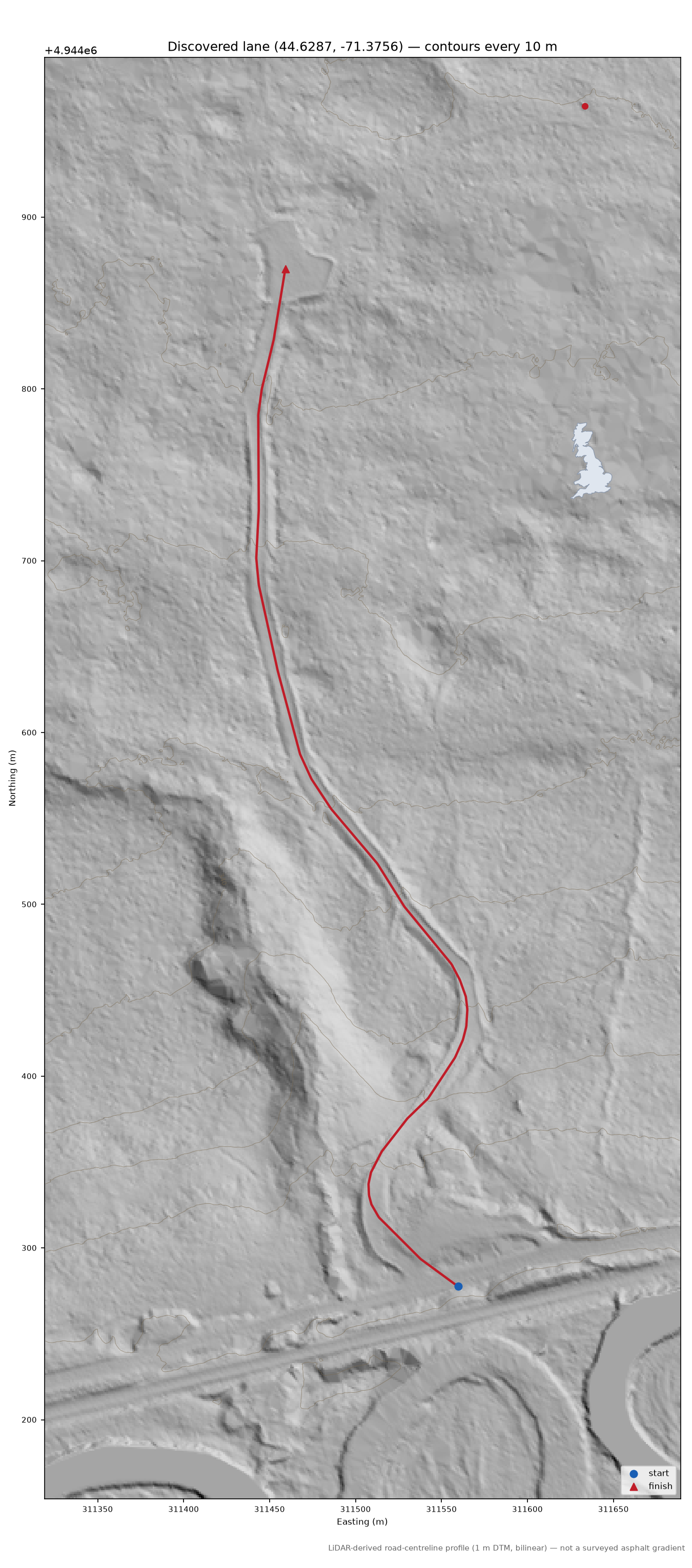 Discovered lane (44.6287, -71.3756) LiDAR hillshade map with contours