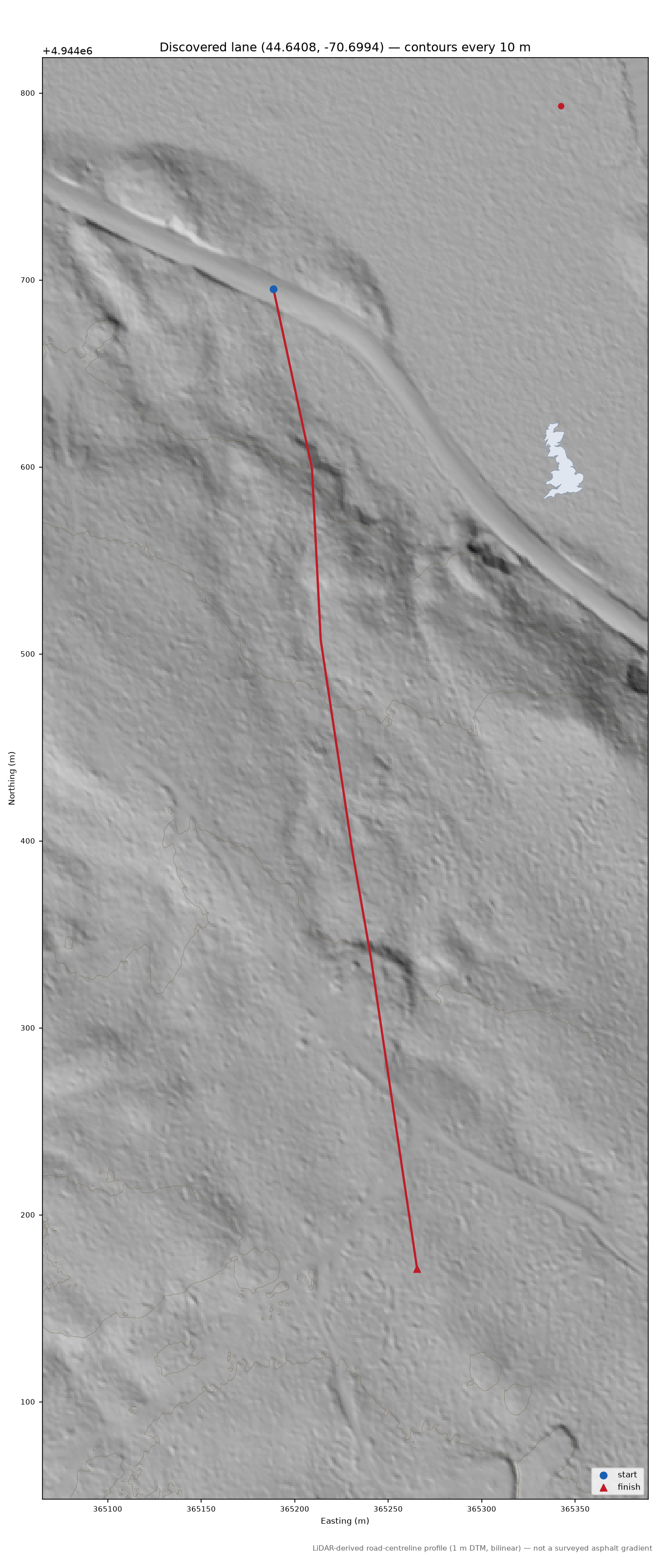Discovered lane (44.6408, -70.6994) LiDAR hillshade map with contours