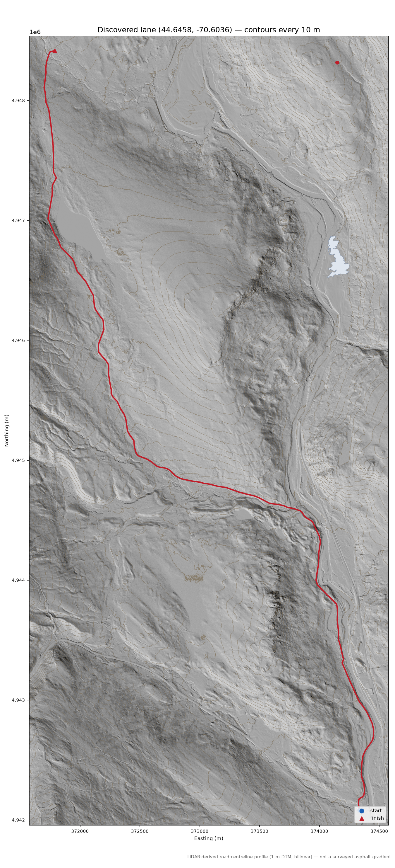 Discovered lane (44.6458, -70.6036) LiDAR hillshade map with contours