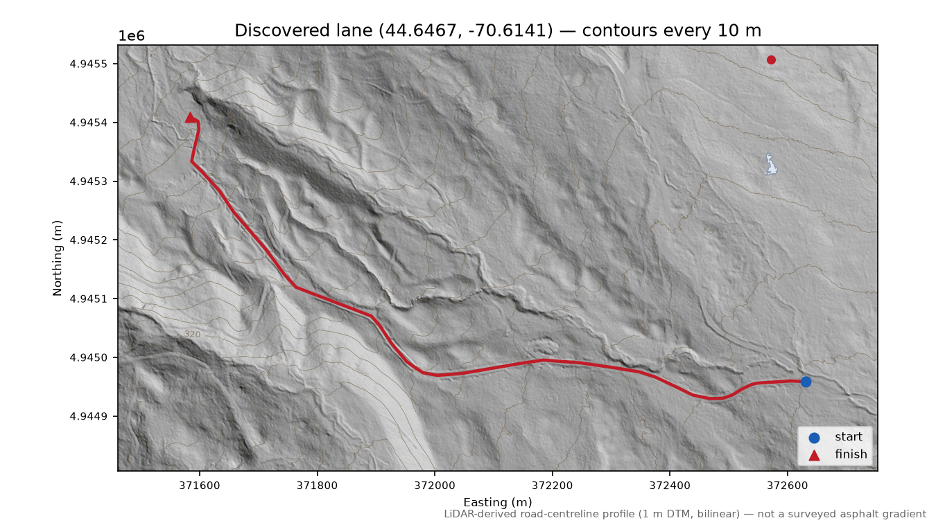 Discovered lane (44.6467, -70.6141) LiDAR hillshade map with contours