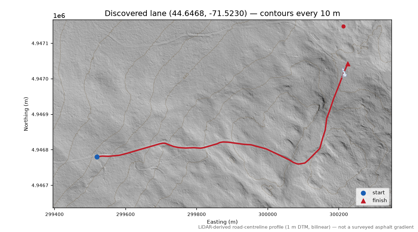 Discovered lane (44.6468, -71.5230) LiDAR hillshade map with contours