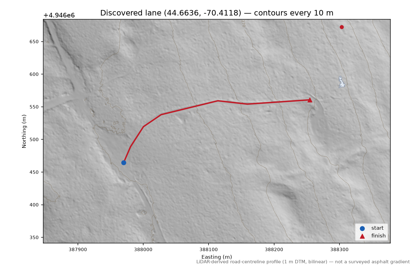 Discovered lane (44.6636, -70.4118) LiDAR hillshade map with contours