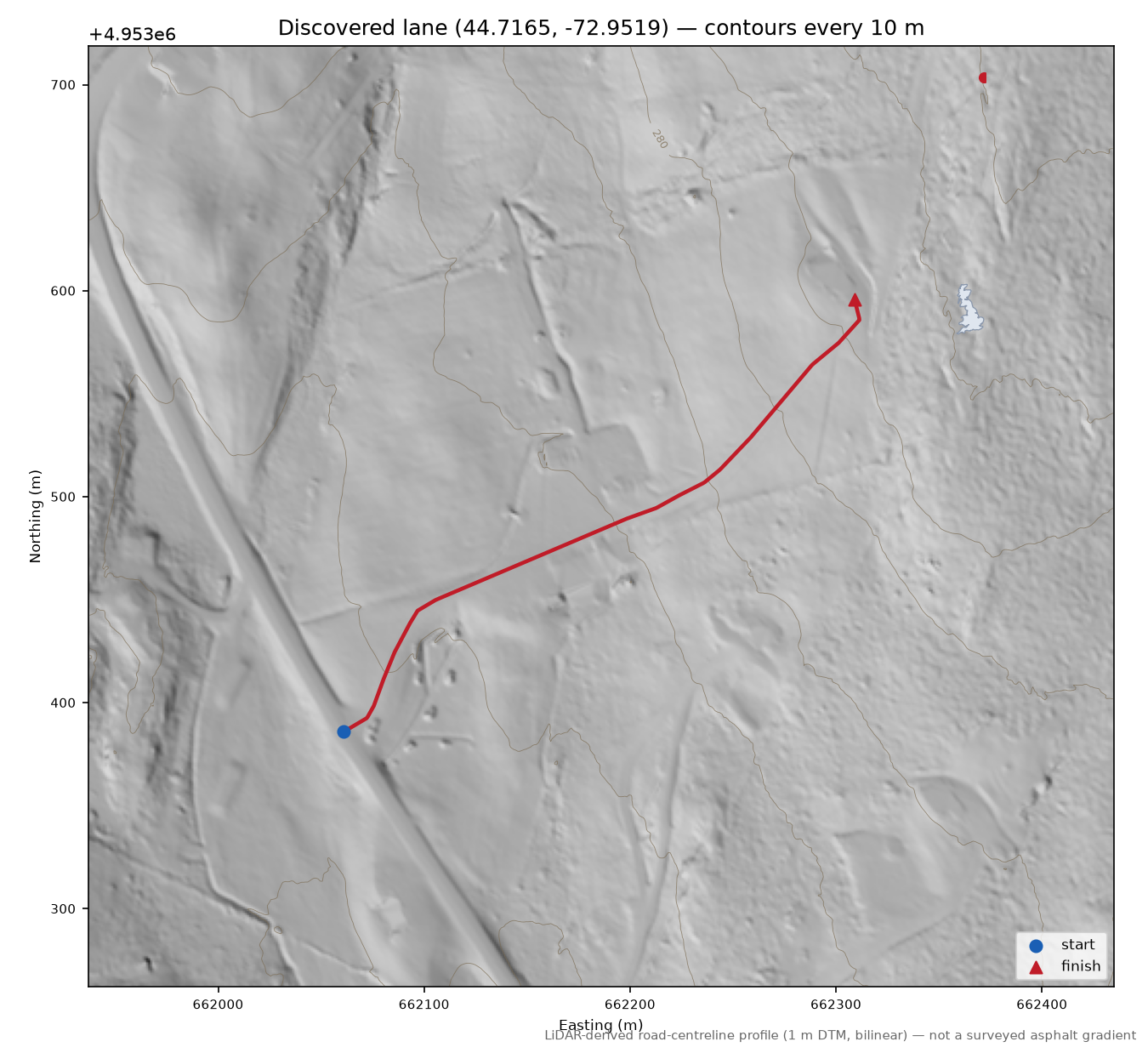 Discovered lane (44.7165, -72.9519) LiDAR hillshade map with contours
