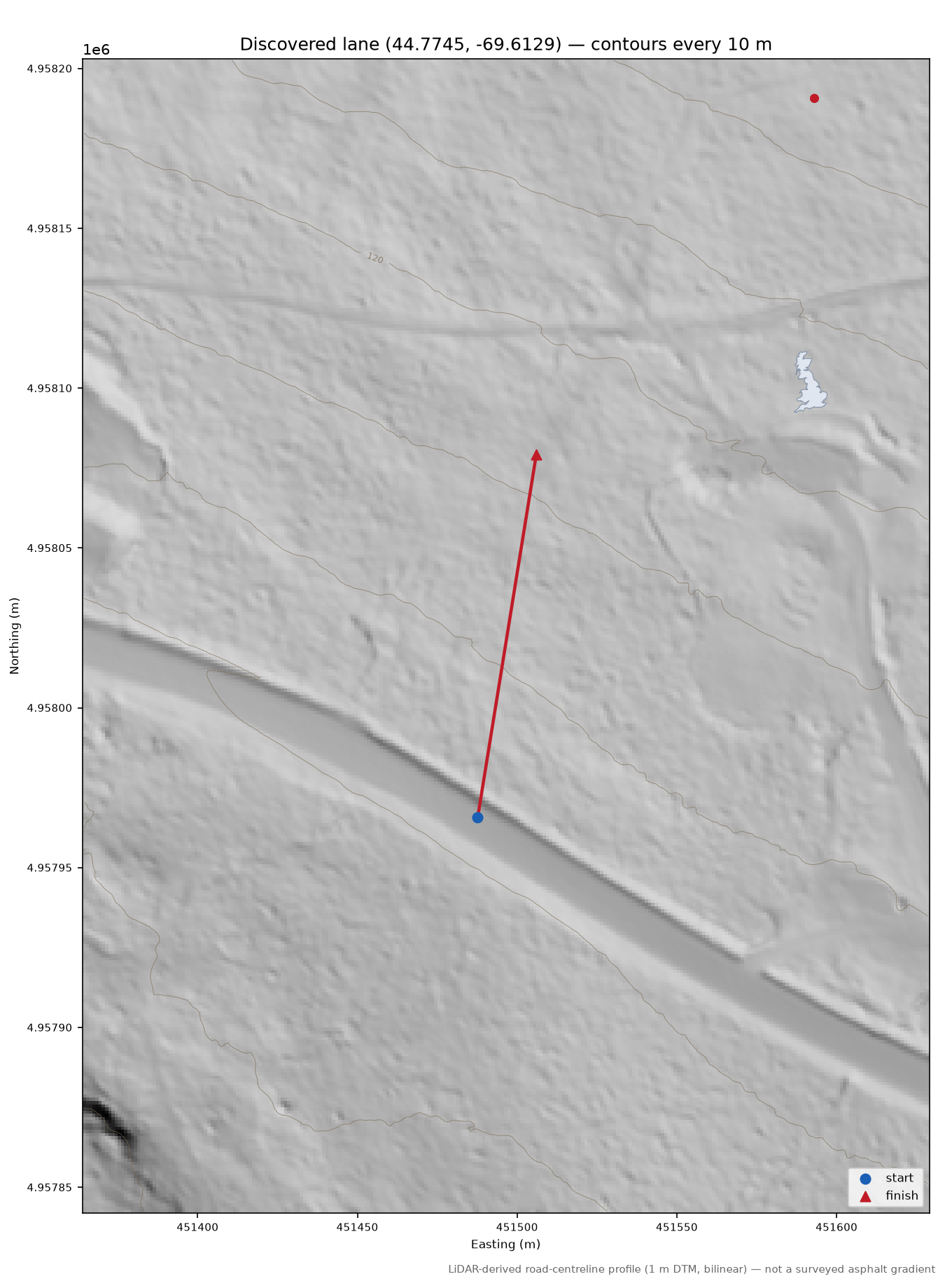 Discovered lane (44.7745, -69.6129) LiDAR hillshade map with contours