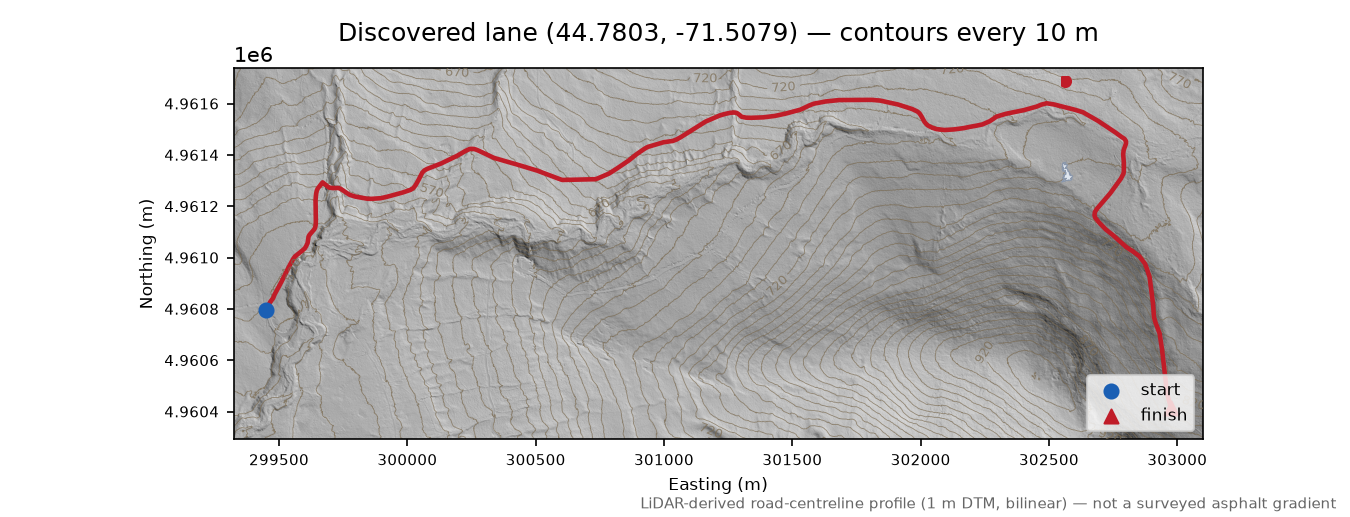 Discovered lane (44.7803, -71.5079) LiDAR hillshade map with contours