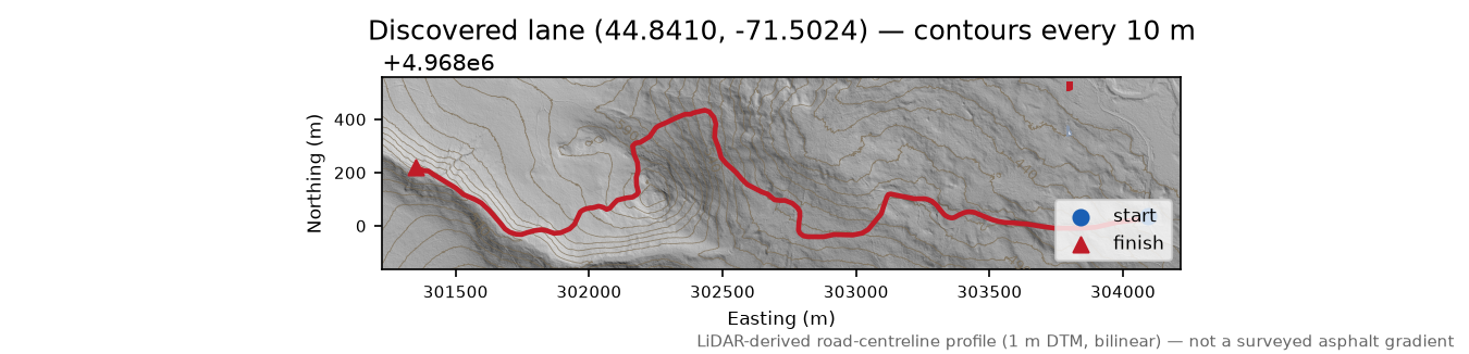 Discovered lane (44.8410, -71.5024) LiDAR hillshade map with contours