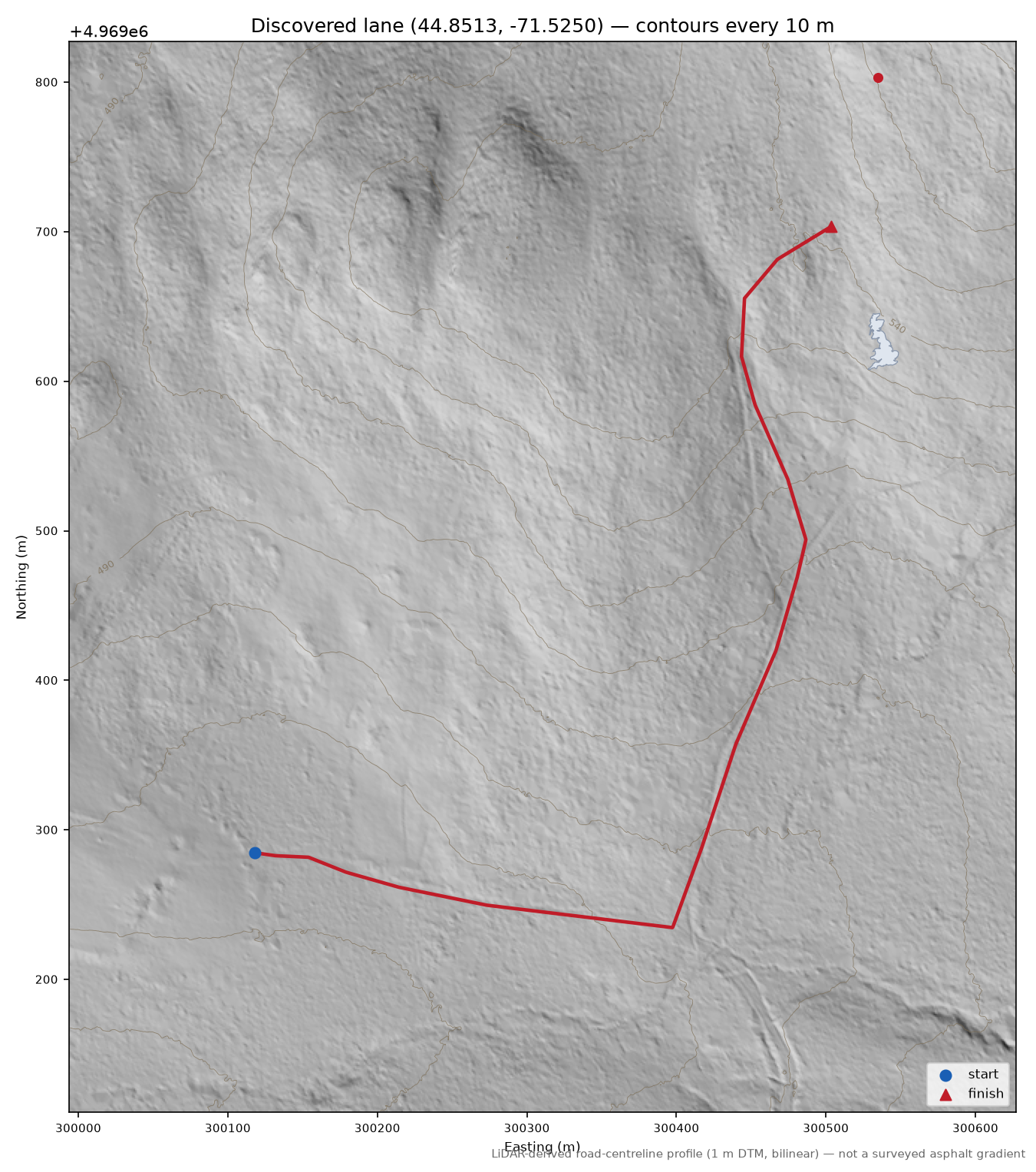 Discovered lane (44.8513, -71.5250) LiDAR hillshade map with contours