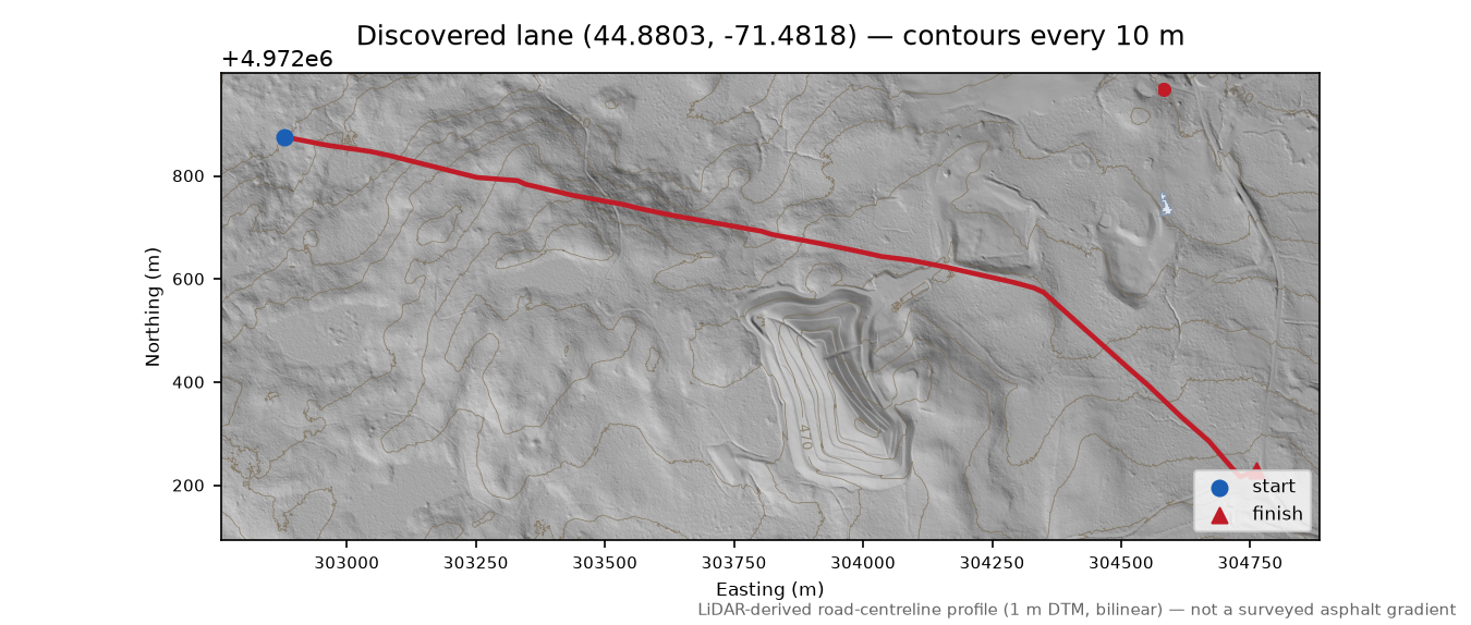 Discovered lane (44.8803, -71.4818) LiDAR hillshade map with contours