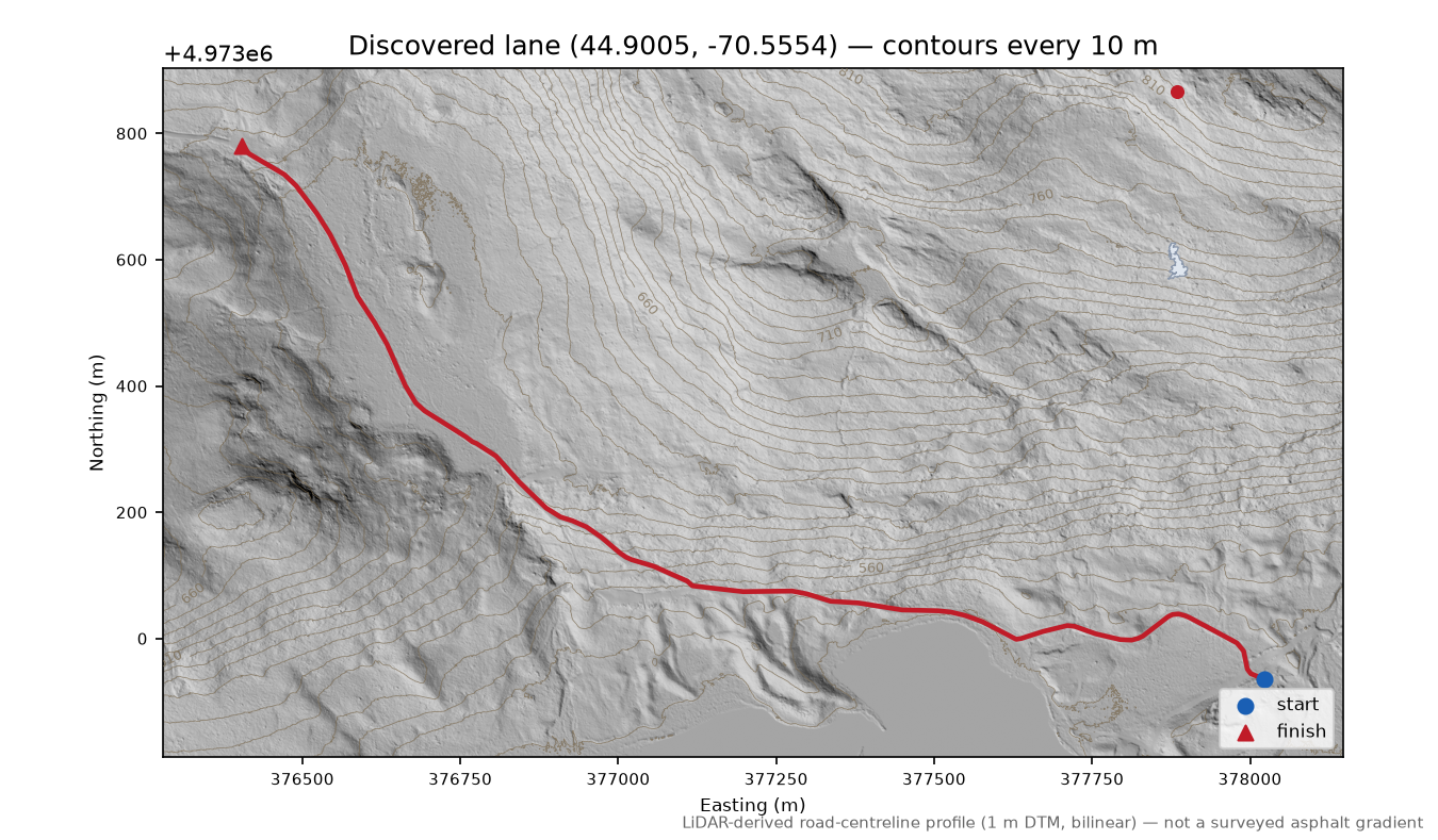Discovered lane (44.9005, -70.5554) LiDAR hillshade map with contours